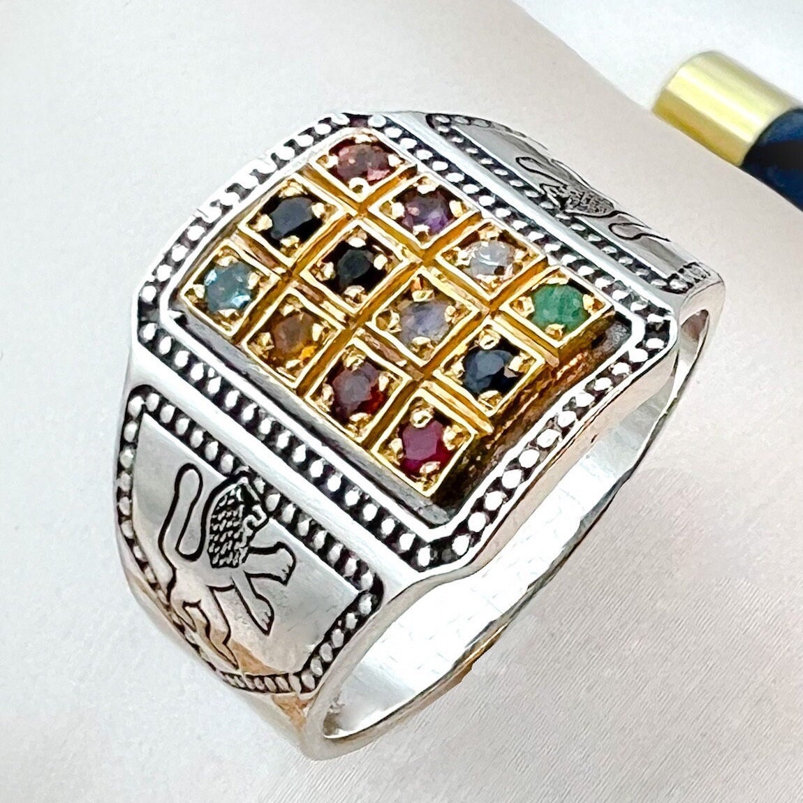 14k Gold Handmade Hoshen Ring with Lion of Judah and 12 Gemstones