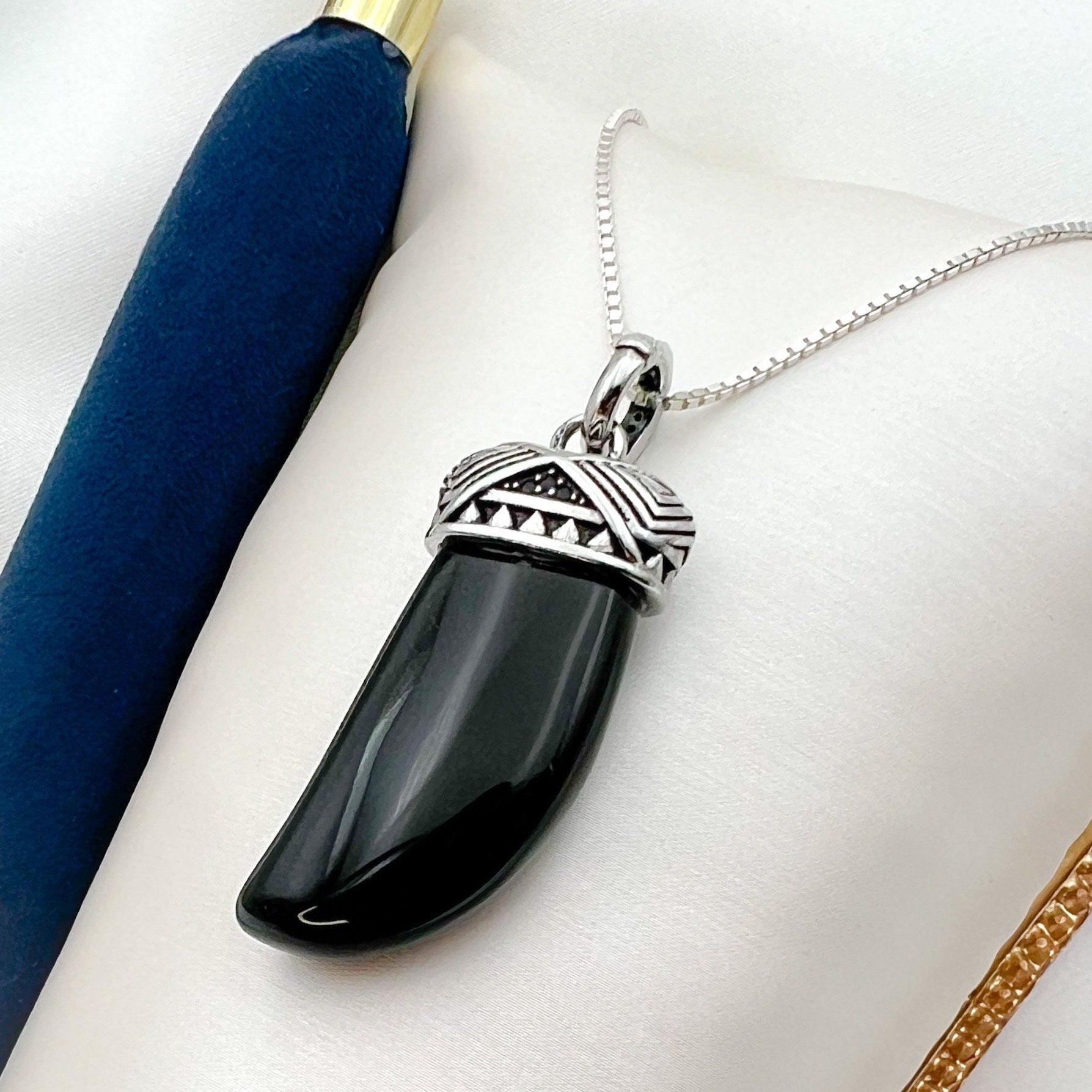 Tiger Tooth Pendant with Black Onyx Stone in Premium 925 Sterling Silver