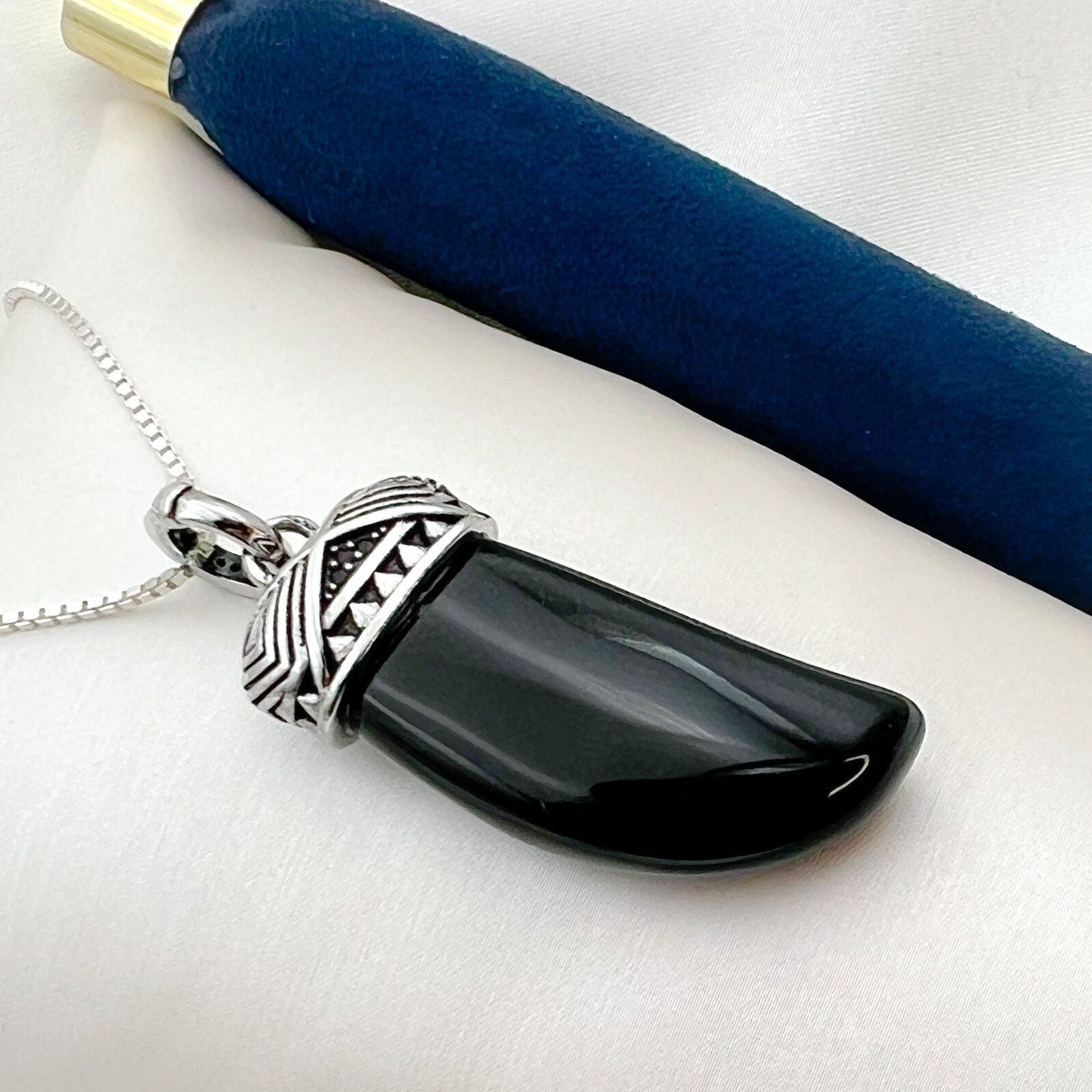 Tiger Tooth Pendant with Black Onyx Stone in Premium 925 Sterling Silver