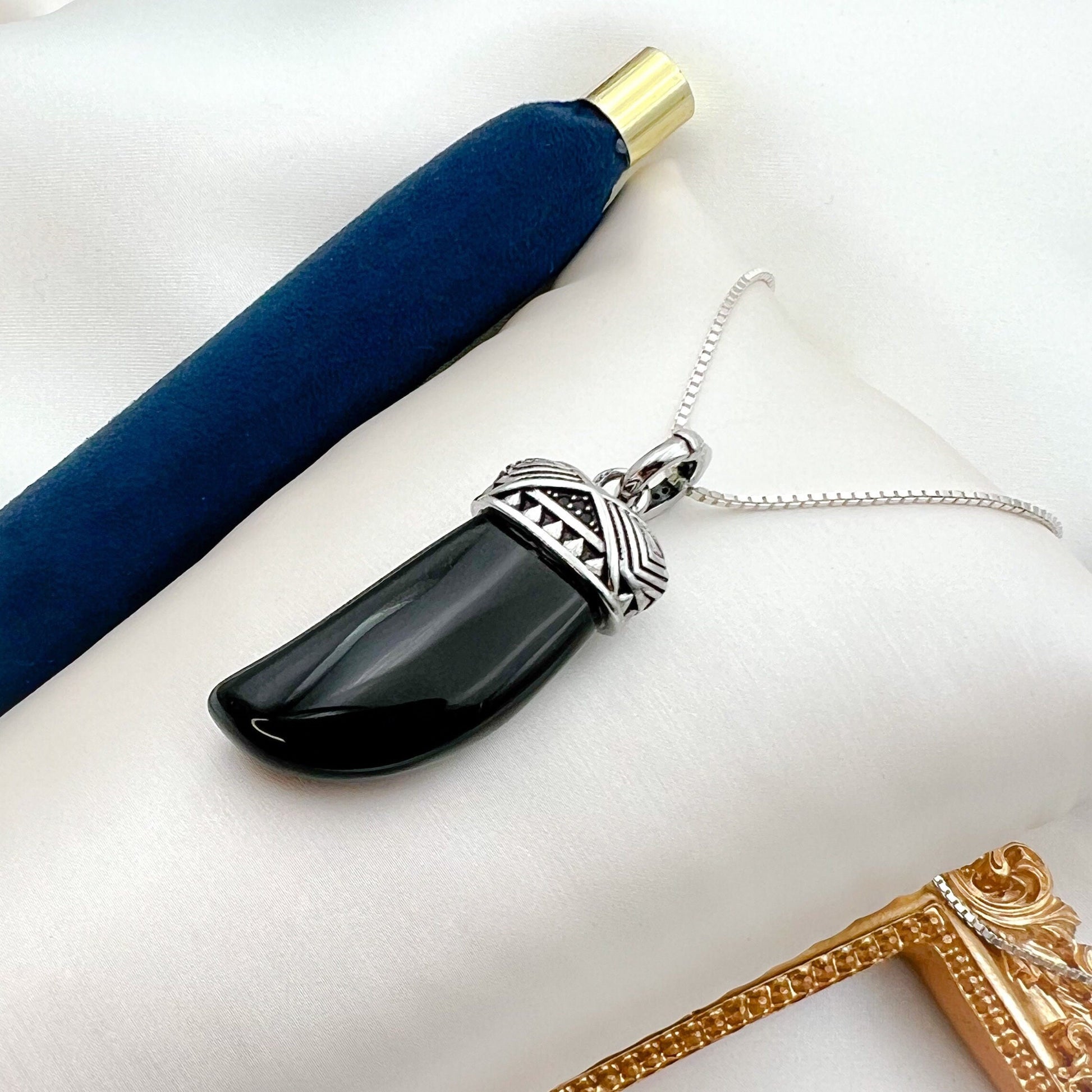 Tiger Tooth Pendant with Black Onyx Stone in Premium 925 Sterling Silver