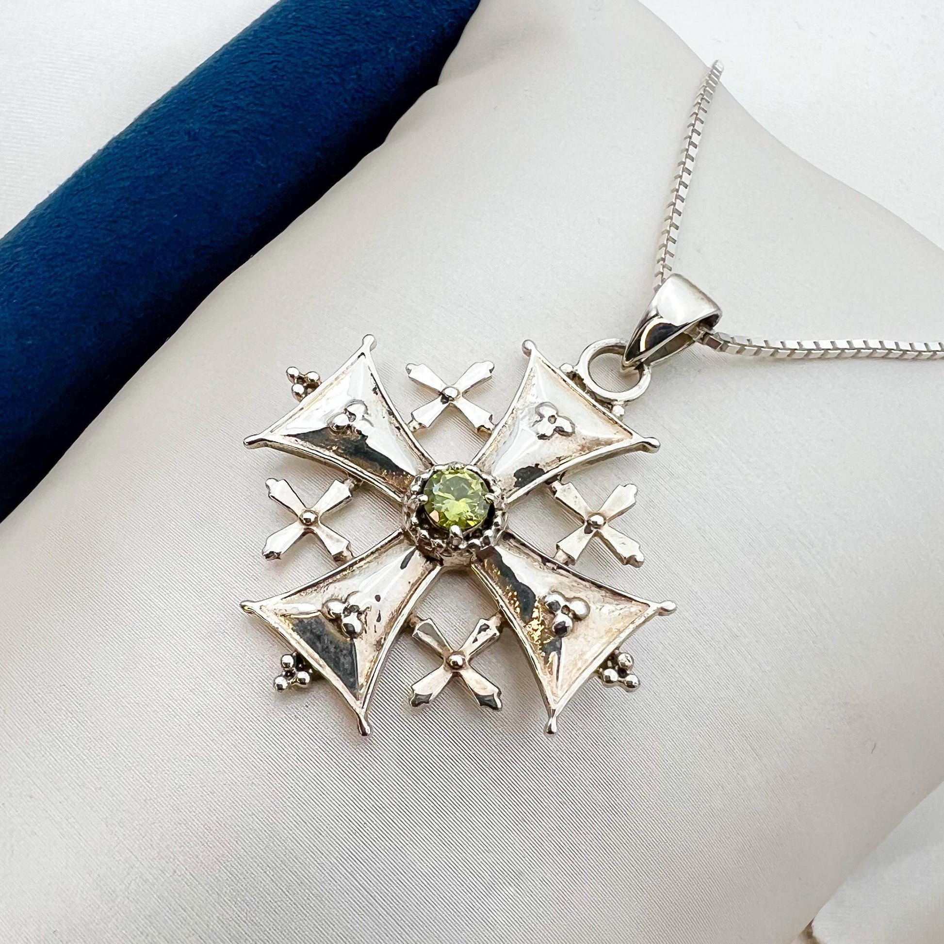 Holy Land Jerusalem Cross Pendant - Silver 925 with Peridot Stone and Chain