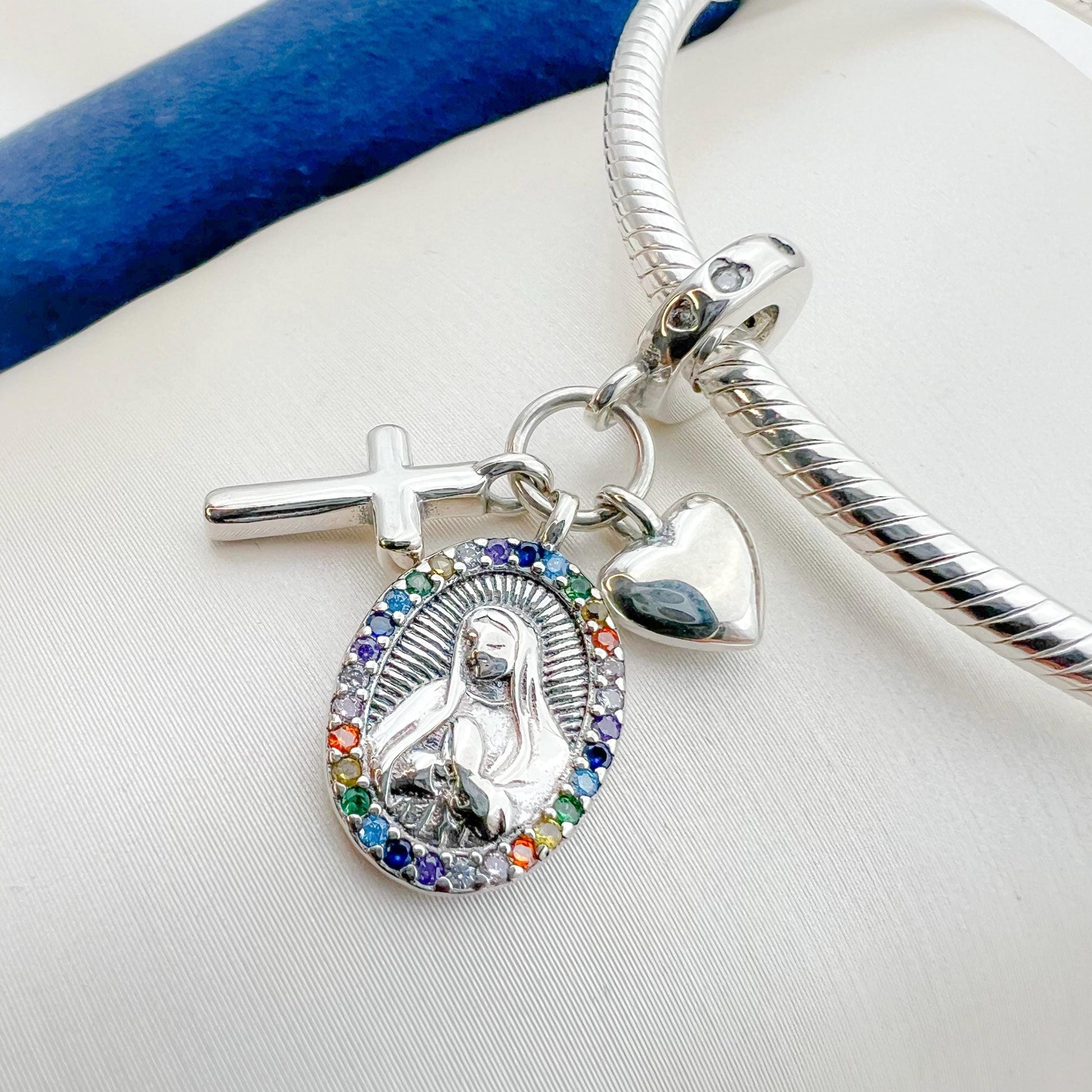 Santa Maria Cross and Heart Charm in Silver with Zircons - For Pandora Bracelet