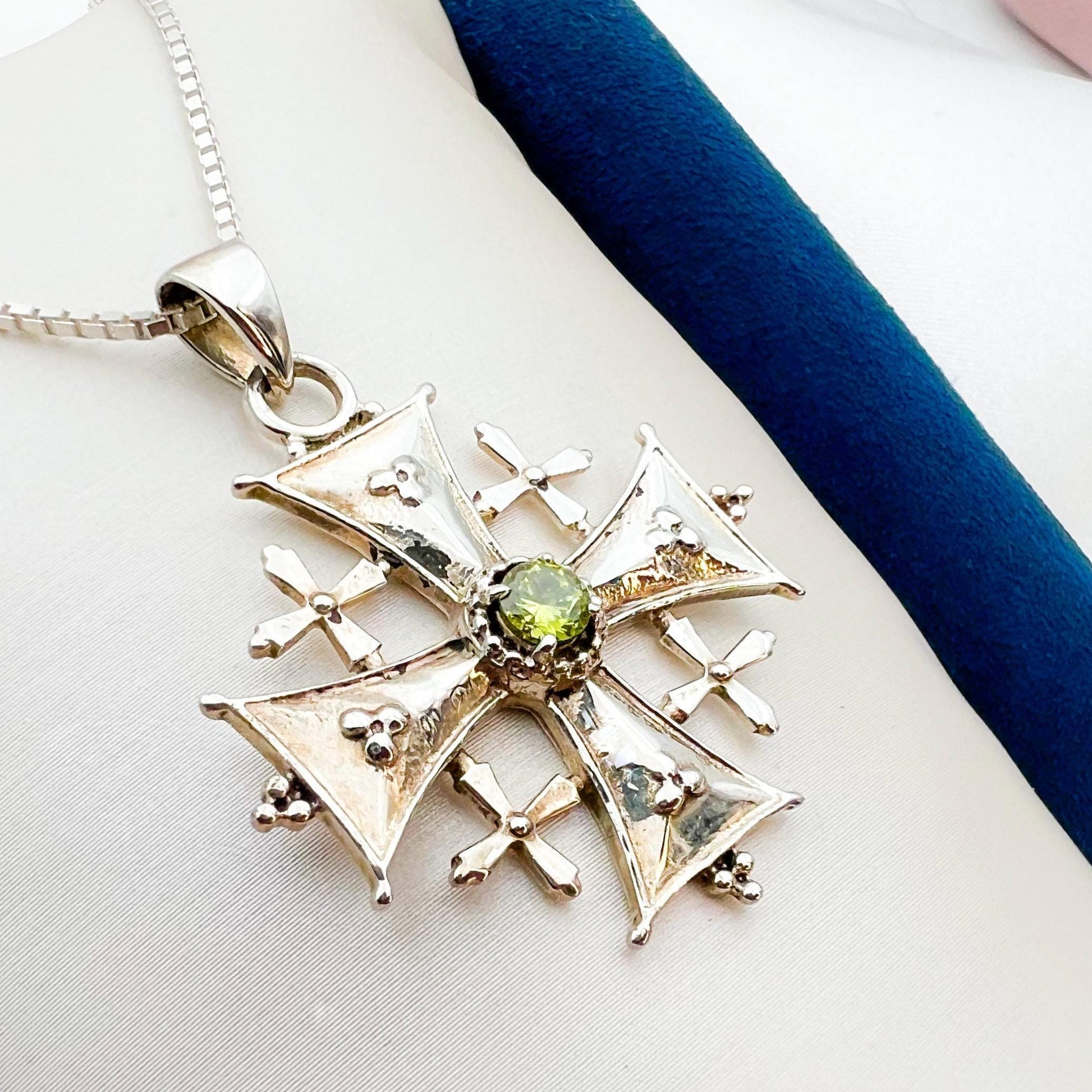 Holy Land Jerusalem Cross Pendant - Silver 925 with Peridot Stone and Chain