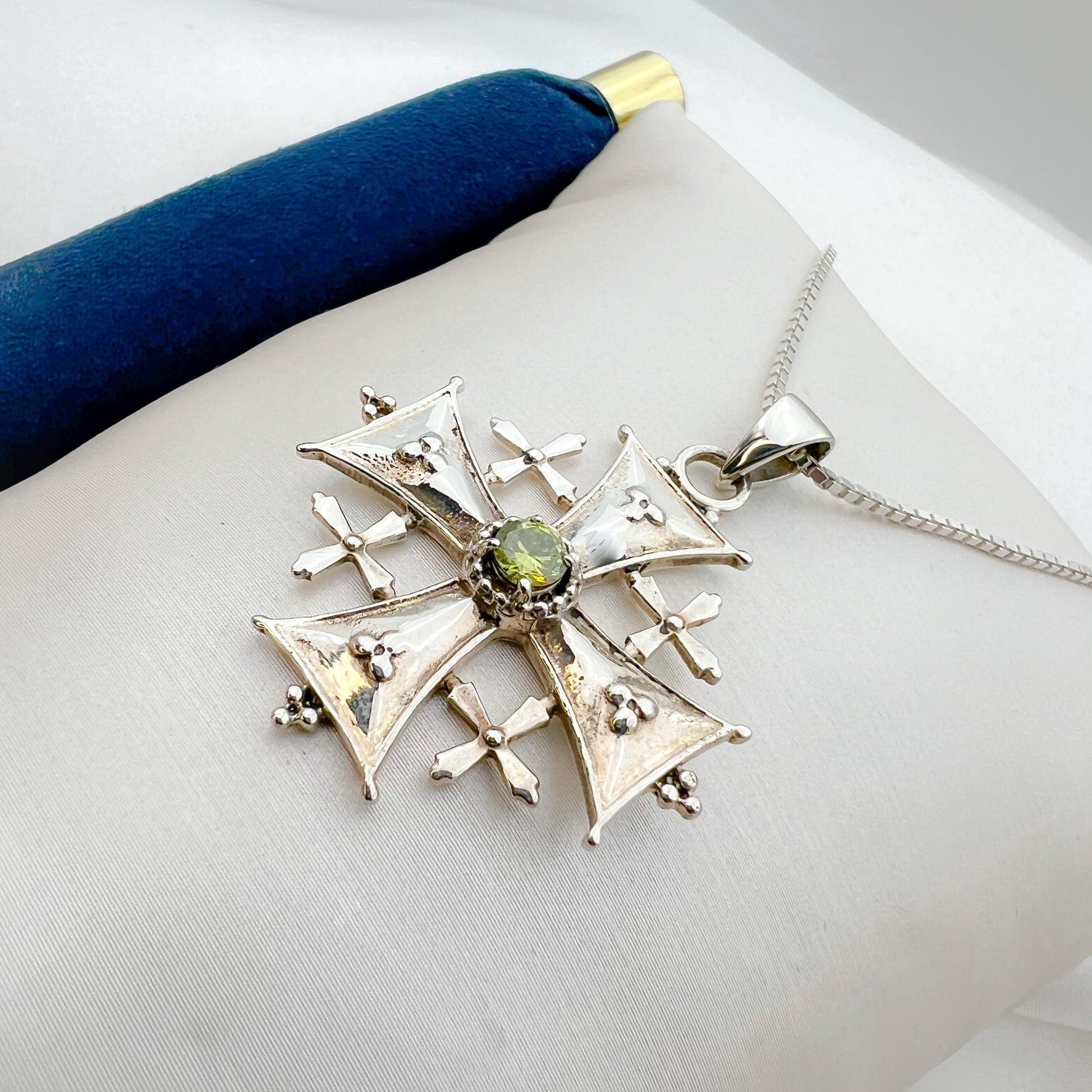 Holy Land Jerusalem Cross Pendant - Silver 925 with Peridot Stone and Chain