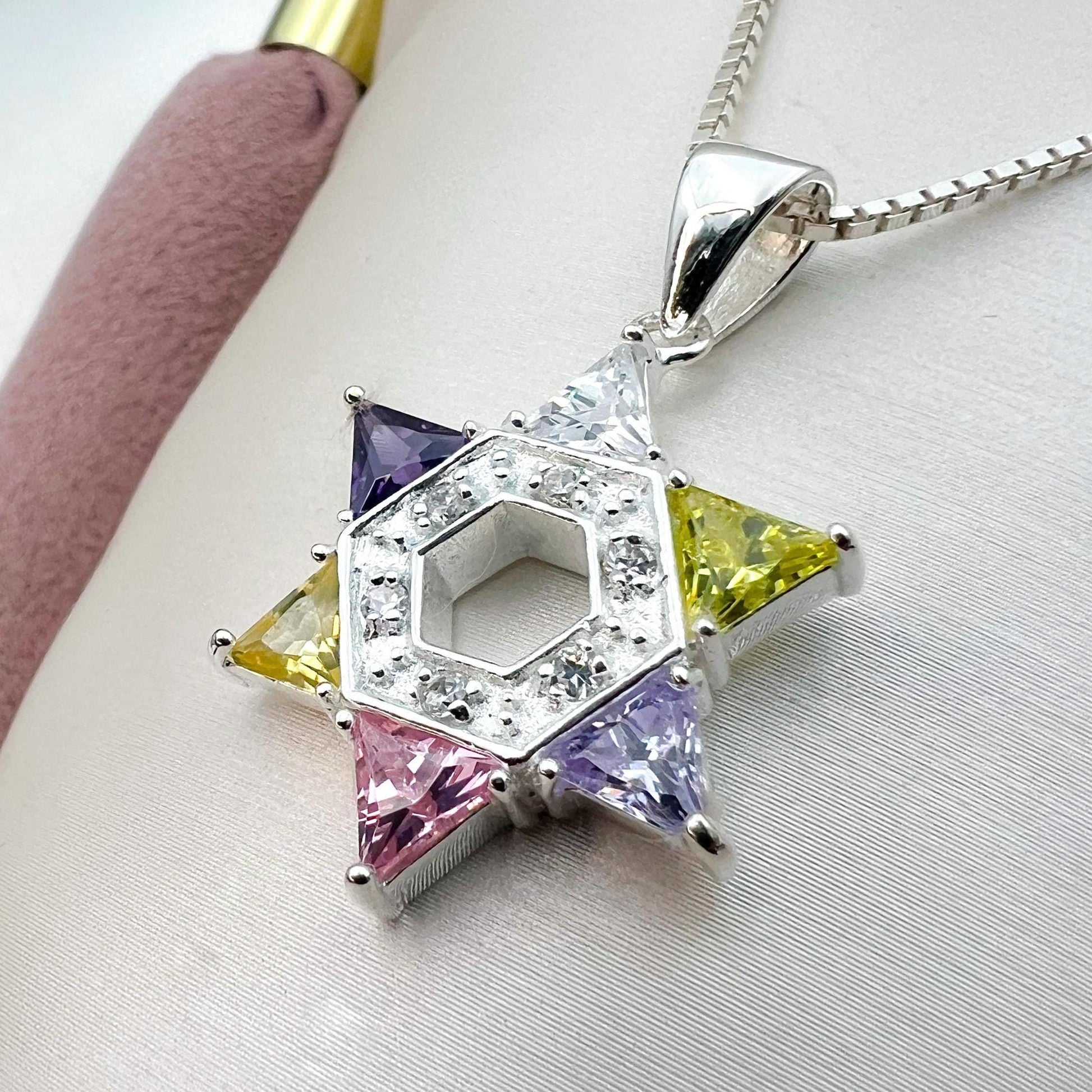 Colorful Triangular Stones David Star Pendant in Sterling Silver 925