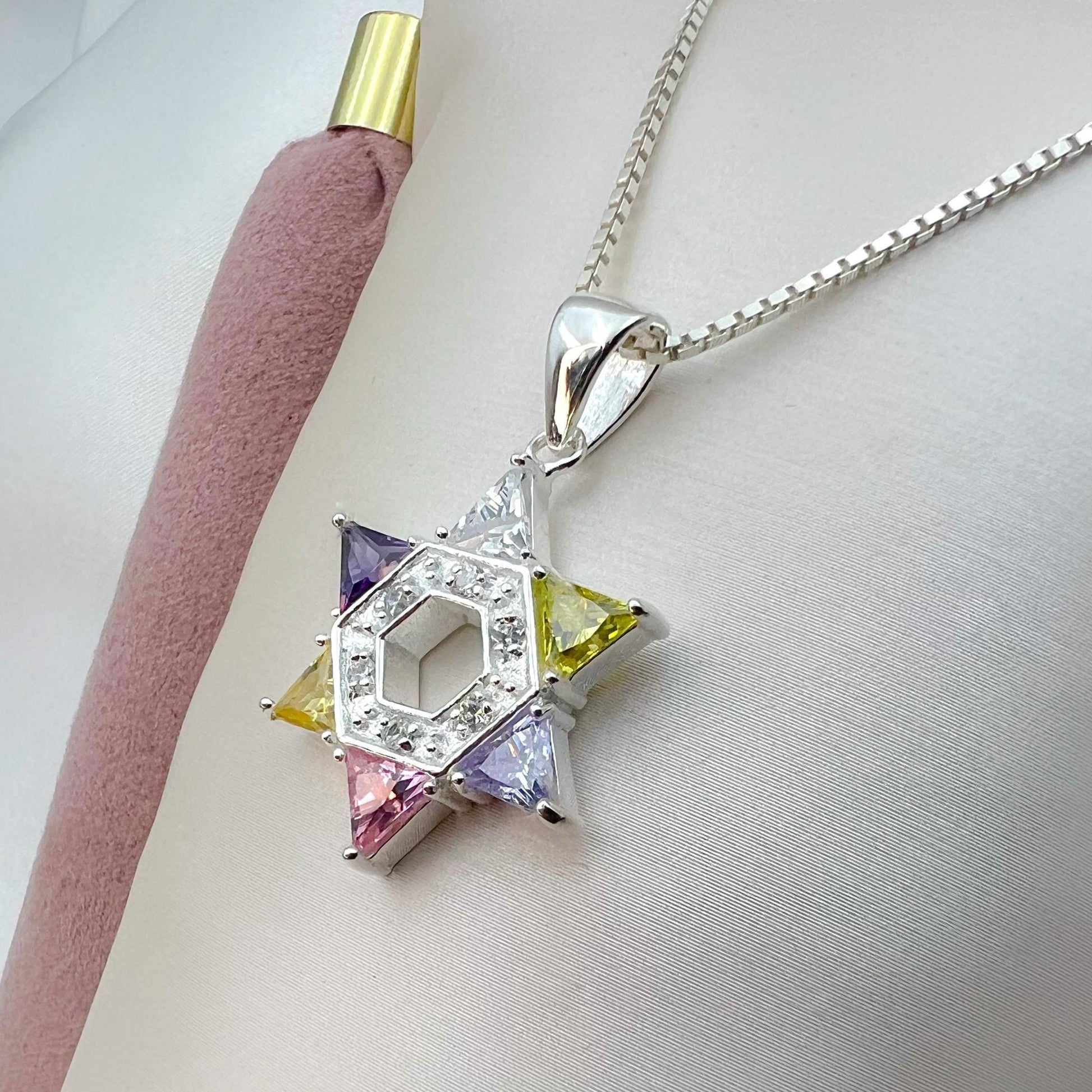 Colorful Triangular Stones David Star Pendant in Sterling Silver 925