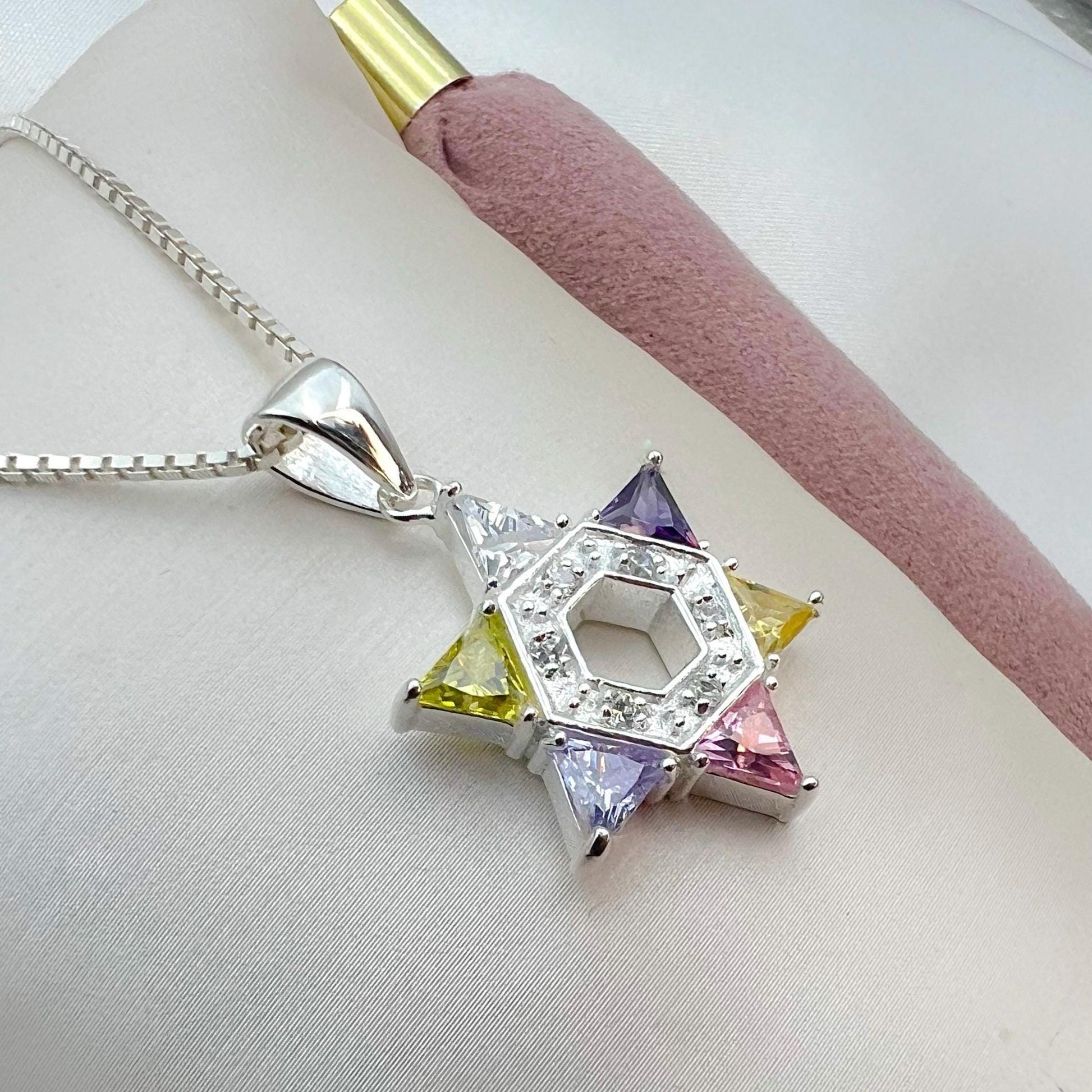 Colorful Triangular Stones David Star Pendant in Sterling Silver 925