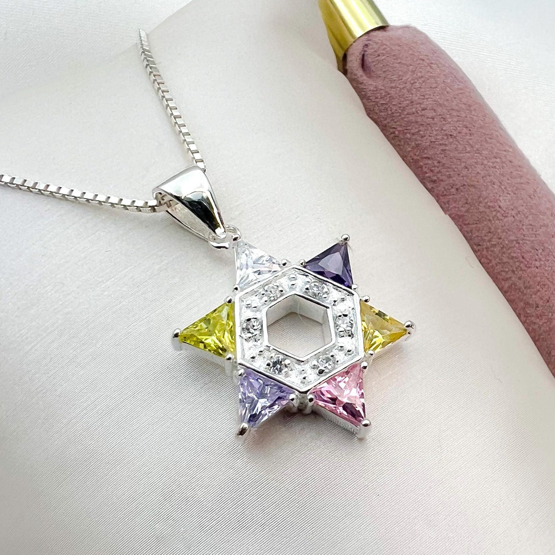 Colorful Triangular Stones David Star Pendant in Sterling Silver 925