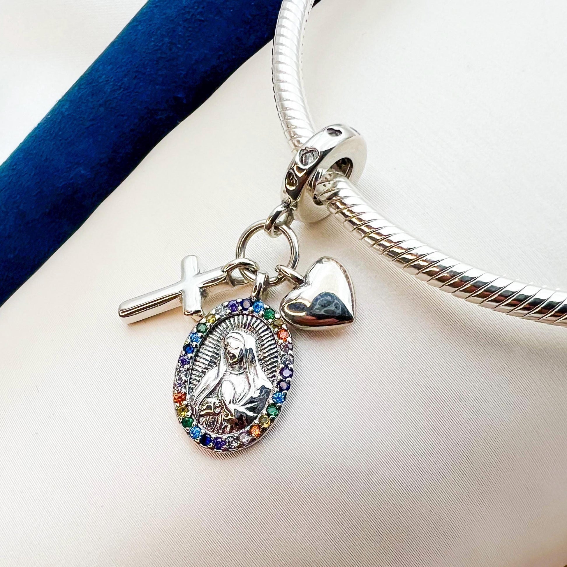 Santa Maria Cross and Heart Charm in Silver with Zircons - For Pandora Bracelet