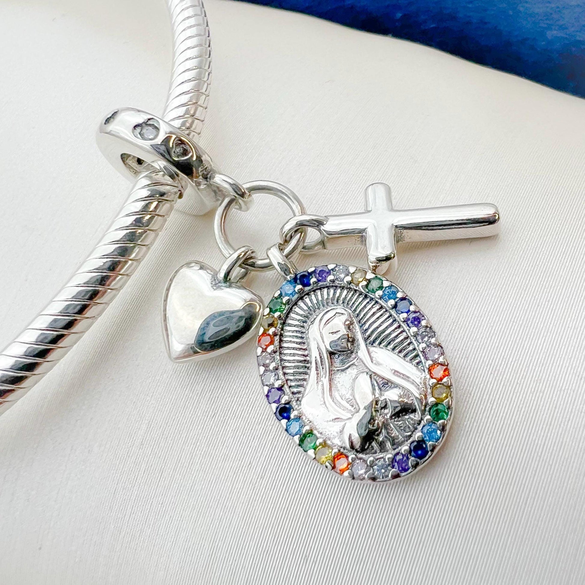 Santa Maria Cross and Heart Charm in Silver with Zircons - For Pandora Bracelet
