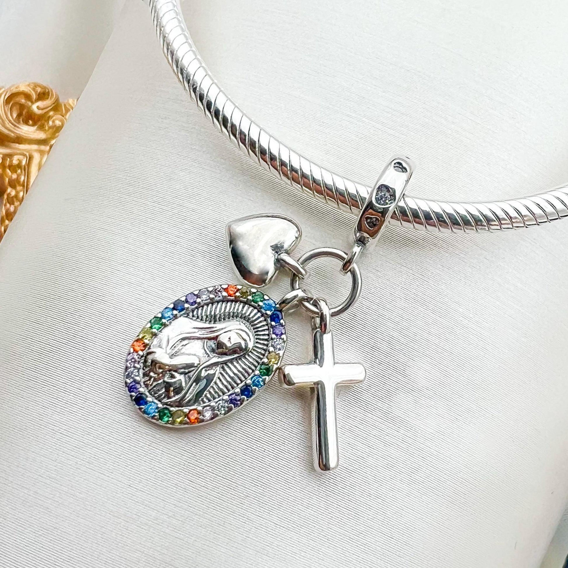 Santa Maria Cross and Heart Charm in Silver with Zircons - For Pandora Bracelet