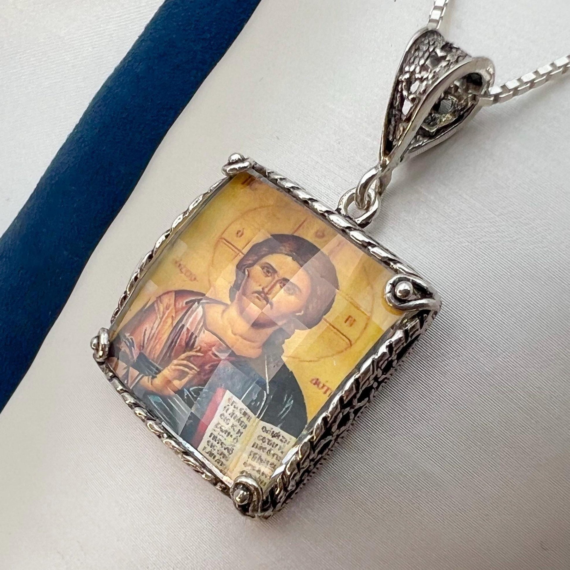 Jesus Holding the Bible Pendant in Silver with Chain