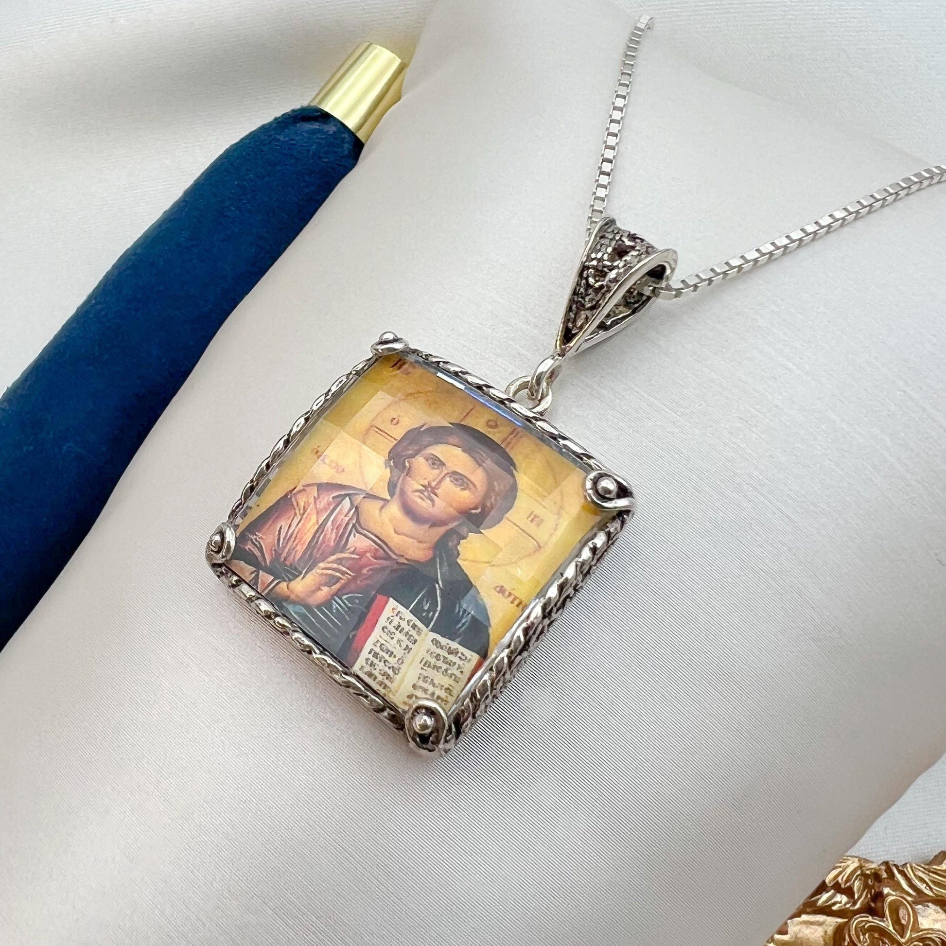 Jesus Holding the Bible Pendant in Silver with Chain