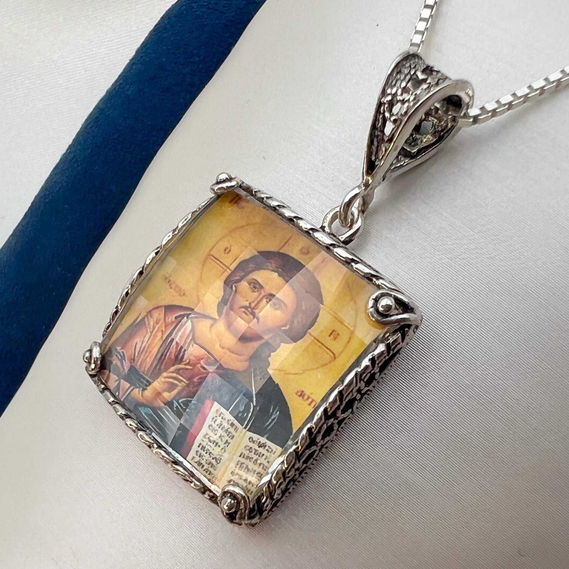Jesus Holding the Bible Pendant in Silver with Chain