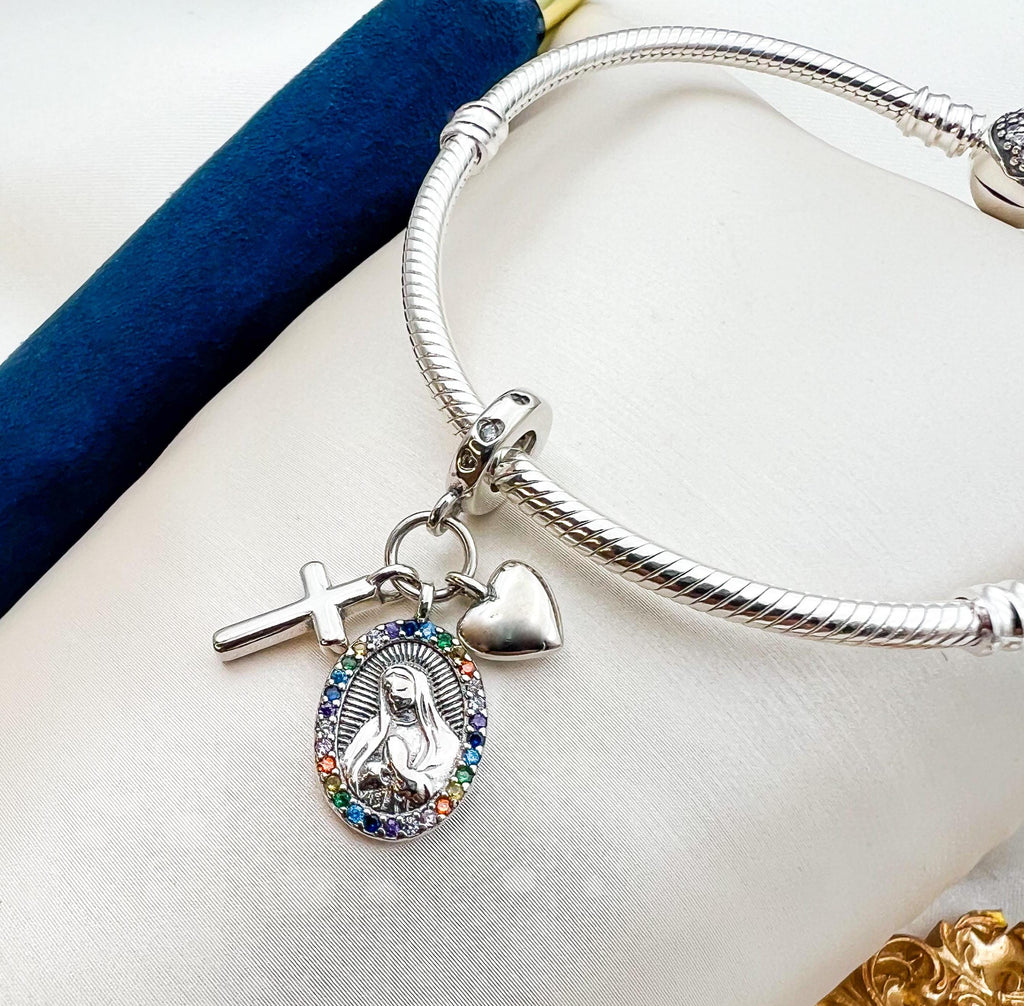 Santa Maria Cross and Heart Charm in Silver with Zircons - For Pandora Bracelet