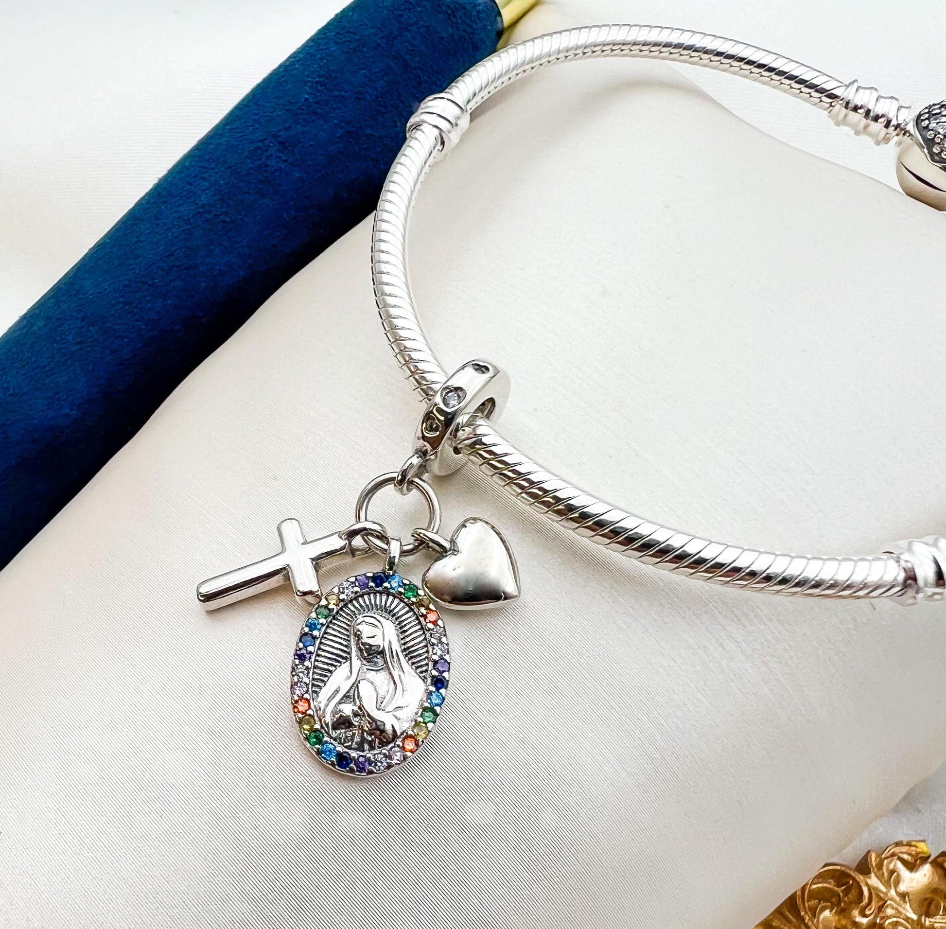 Santa Maria Cross and Heart Charm in Silver with Zircons - For Pandora Bracelet