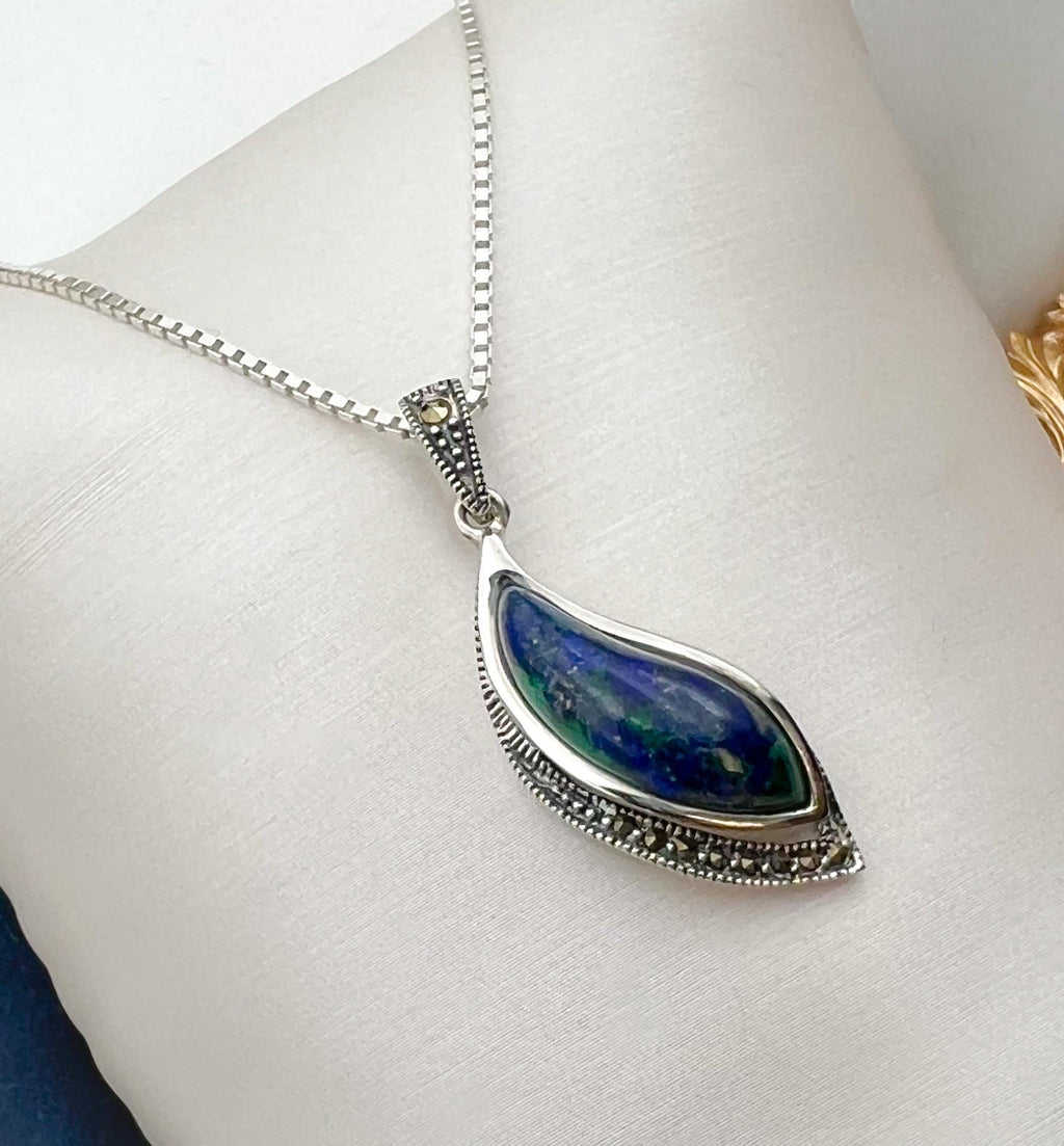 King Solomon Eilat Stone Leaf Pendant with Marcasite in Silver 925