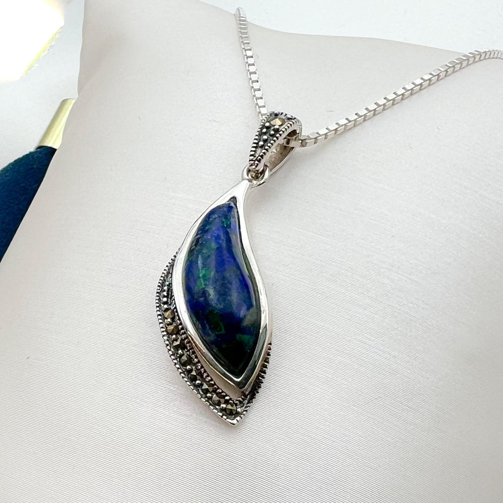 King Solomon Eilat Stone Leaf Pendant with Marcasite in Silver 925