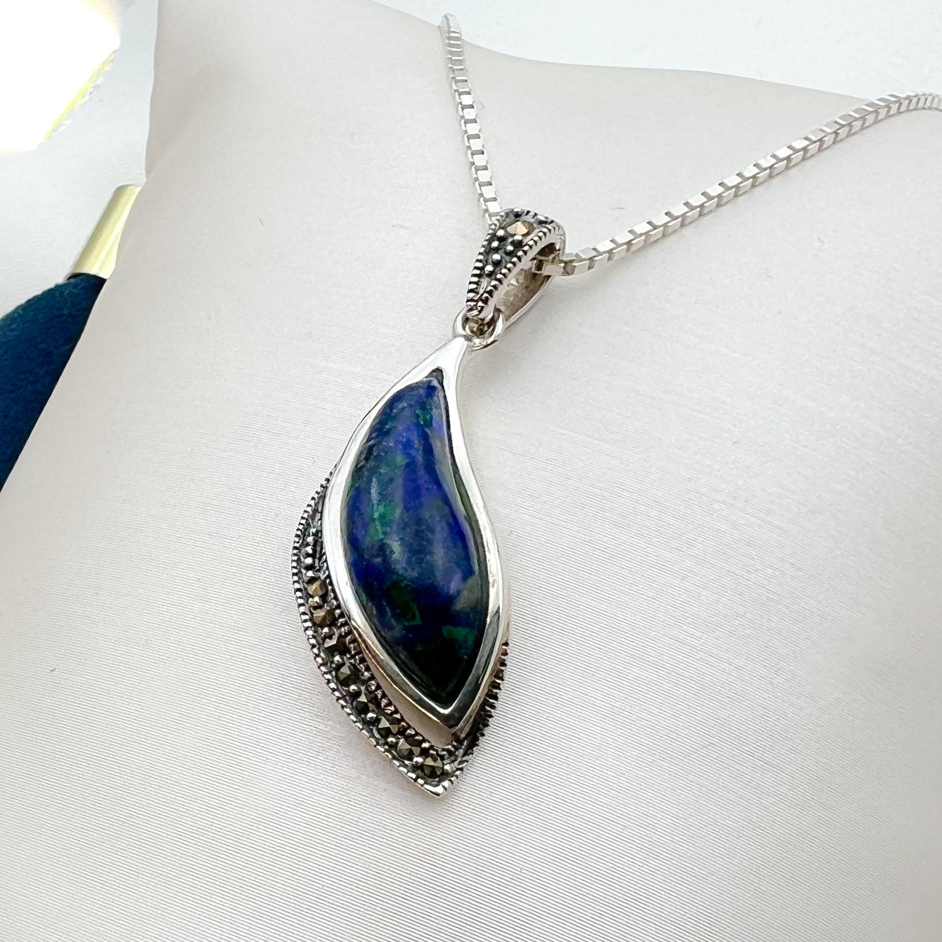 King Solomon Eilat Stone Leaf Pendant with Marcasite in Silver 925