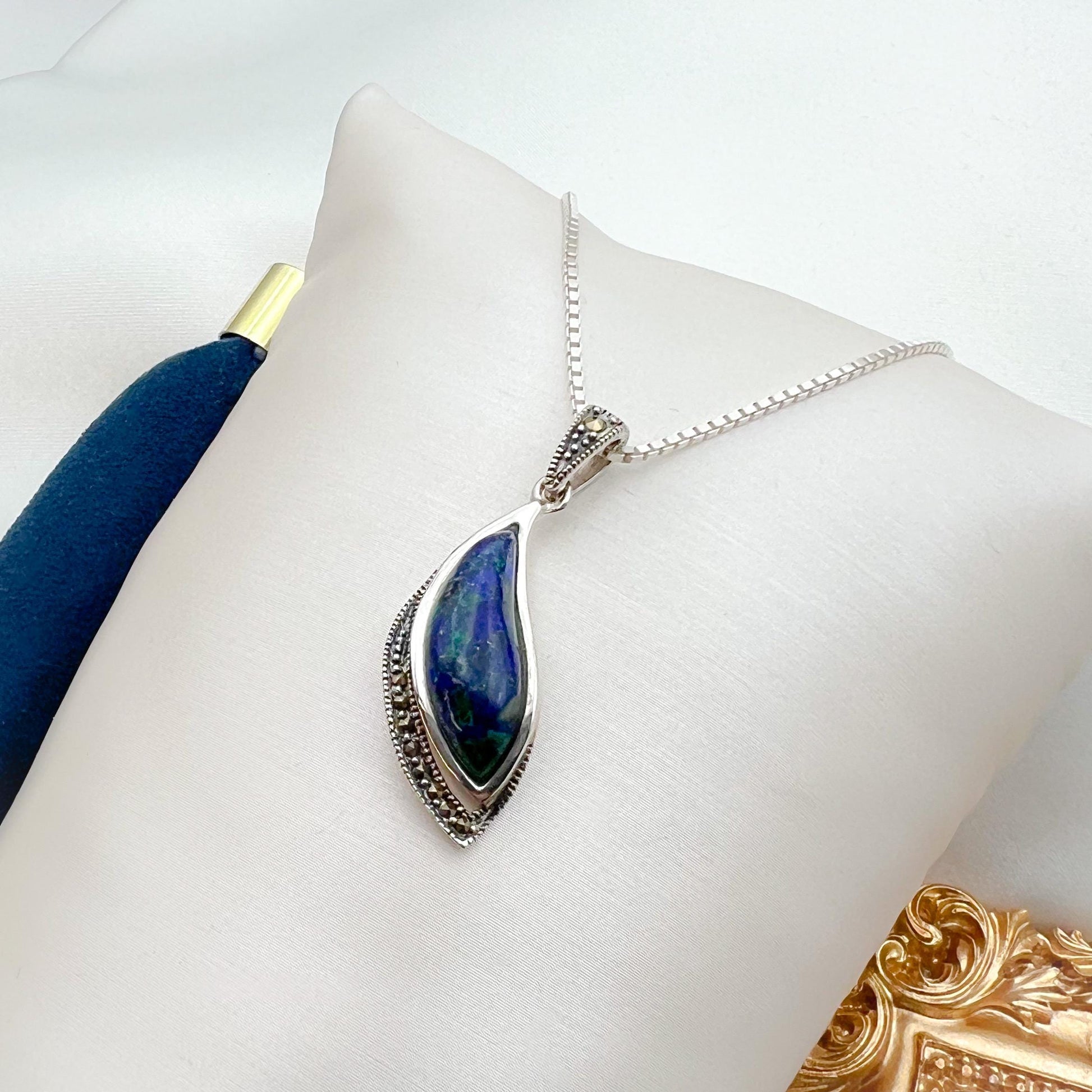 King Solomon Eilat Stone Leaf Pendant with Marcasite in Silver 925