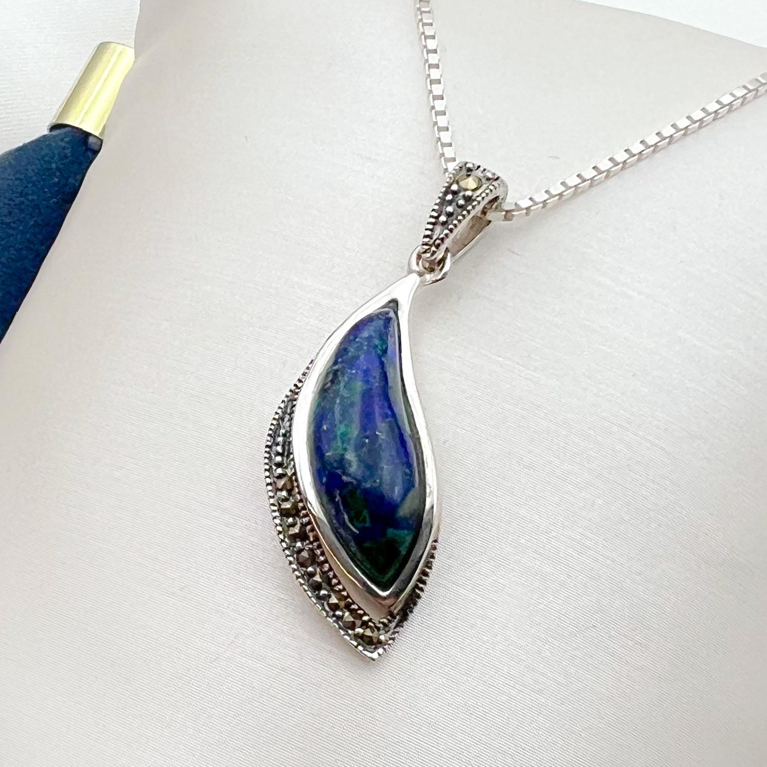 King Solomon Eilat Stone Leaf Pendant with Marcasite in Silver 925