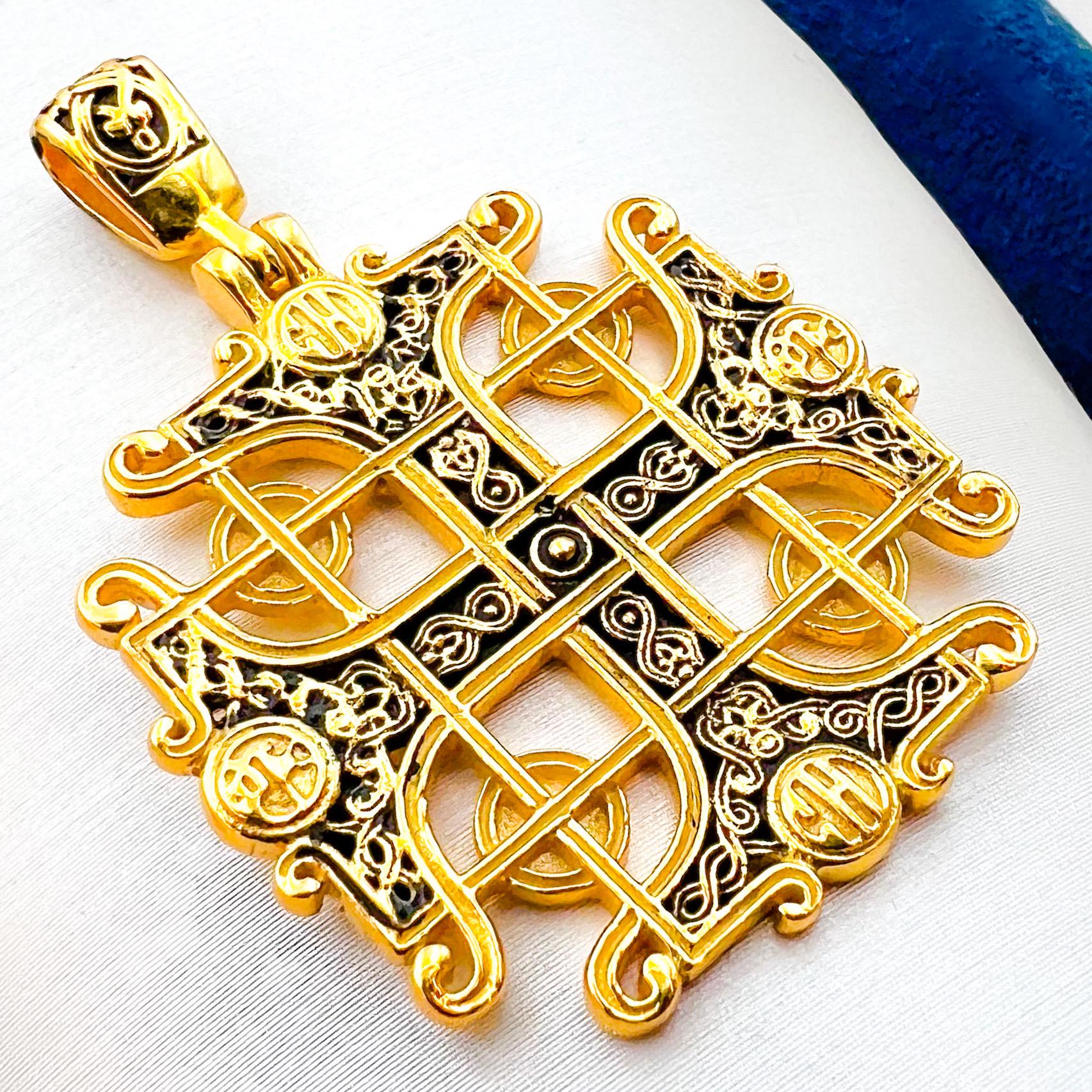 Jerusalem Cross Pendant in Sterling Silver and Gold with Black Enamel