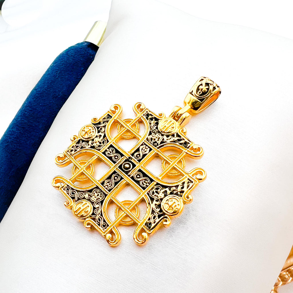 Jerusalem Cross Pendant in Sterling Silver and Gold with Black Enamel