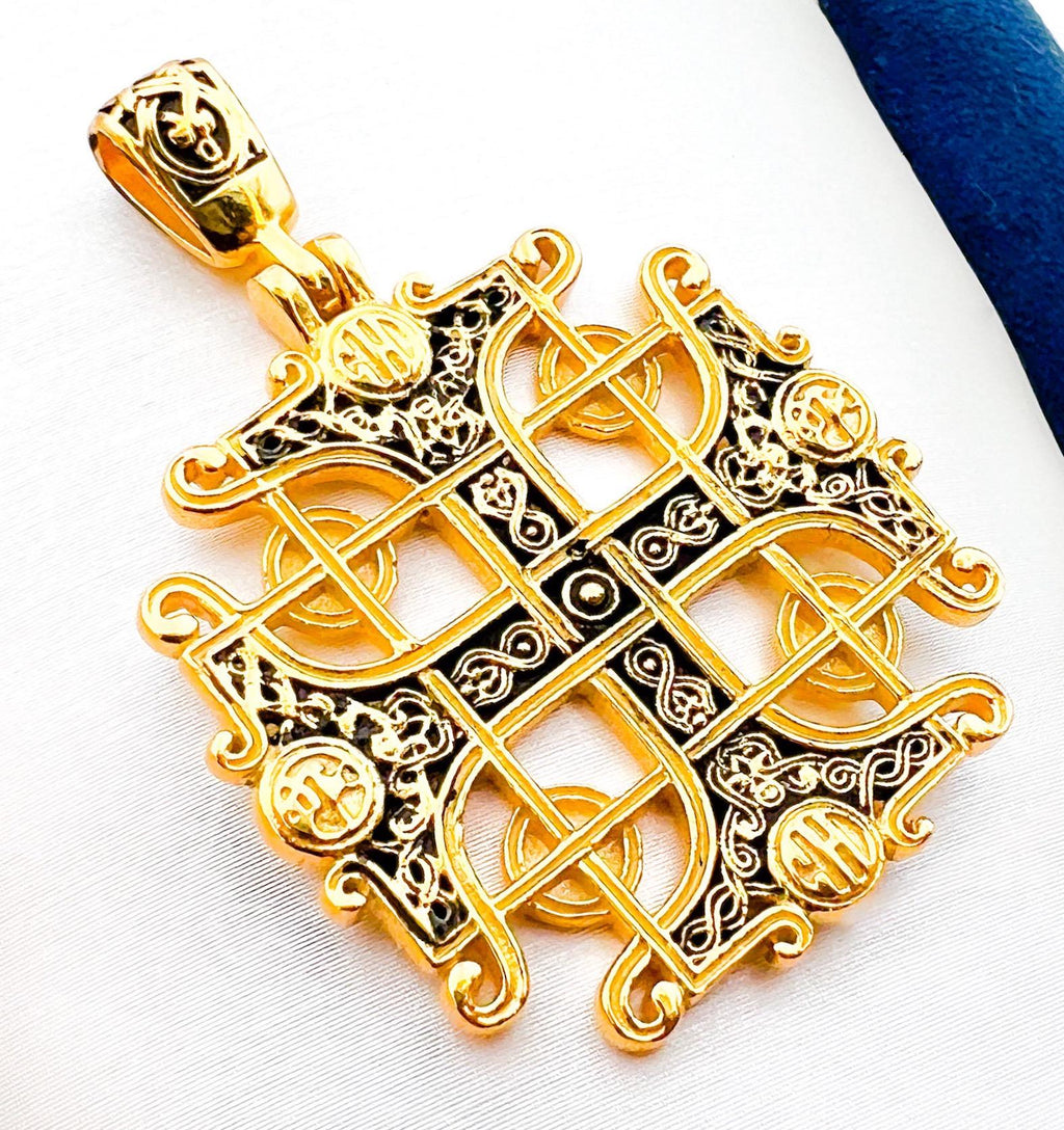 Jerusalem Cross Pendant in Sterling Silver and Gold with Black Enamel