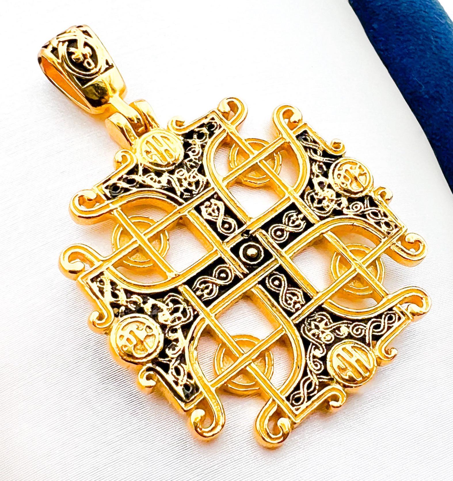 Jerusalem Cross Pendant in Sterling Silver and Gold with Black Enamel