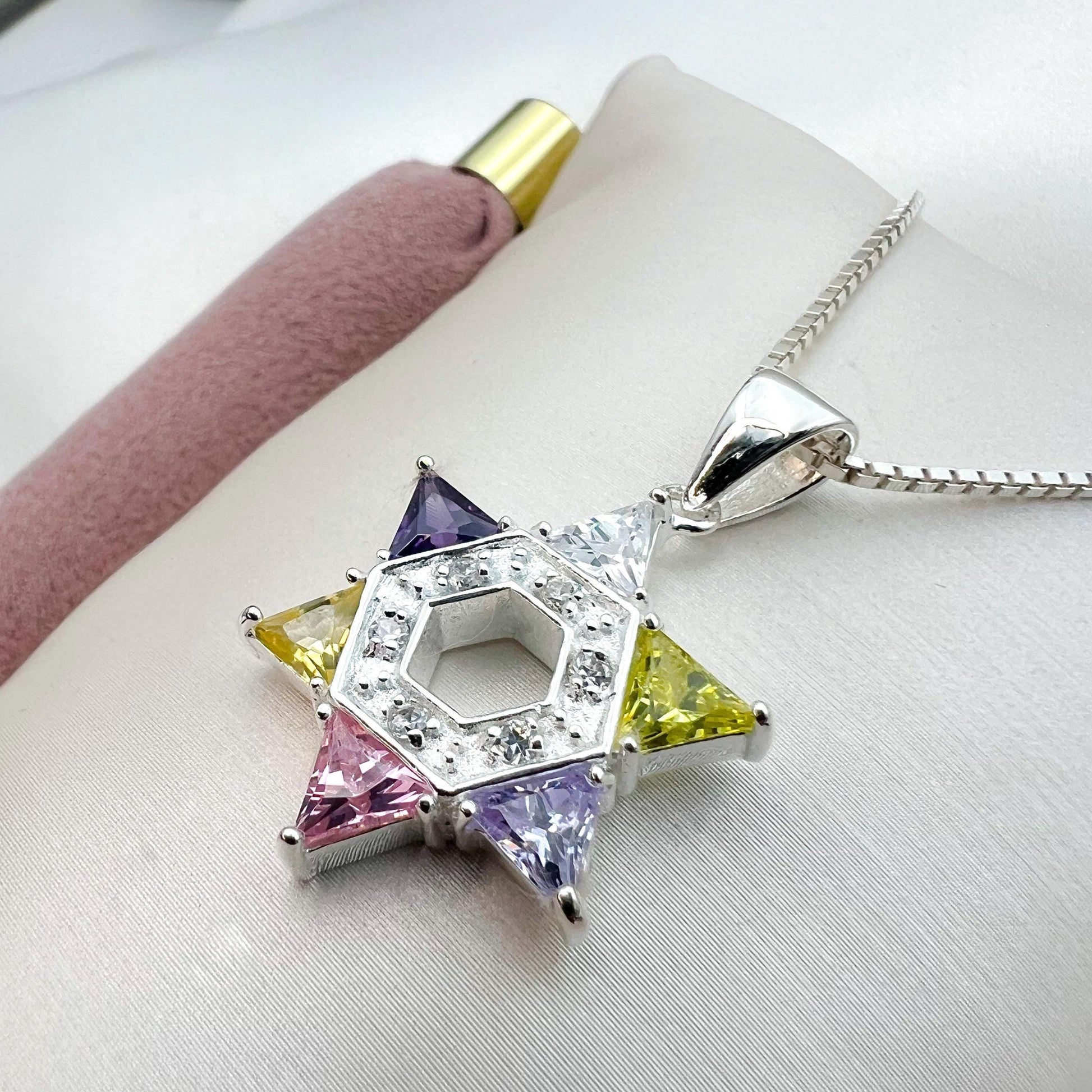 Colorful Triangular Stones David Star Pendant in Sterling Silver 925
