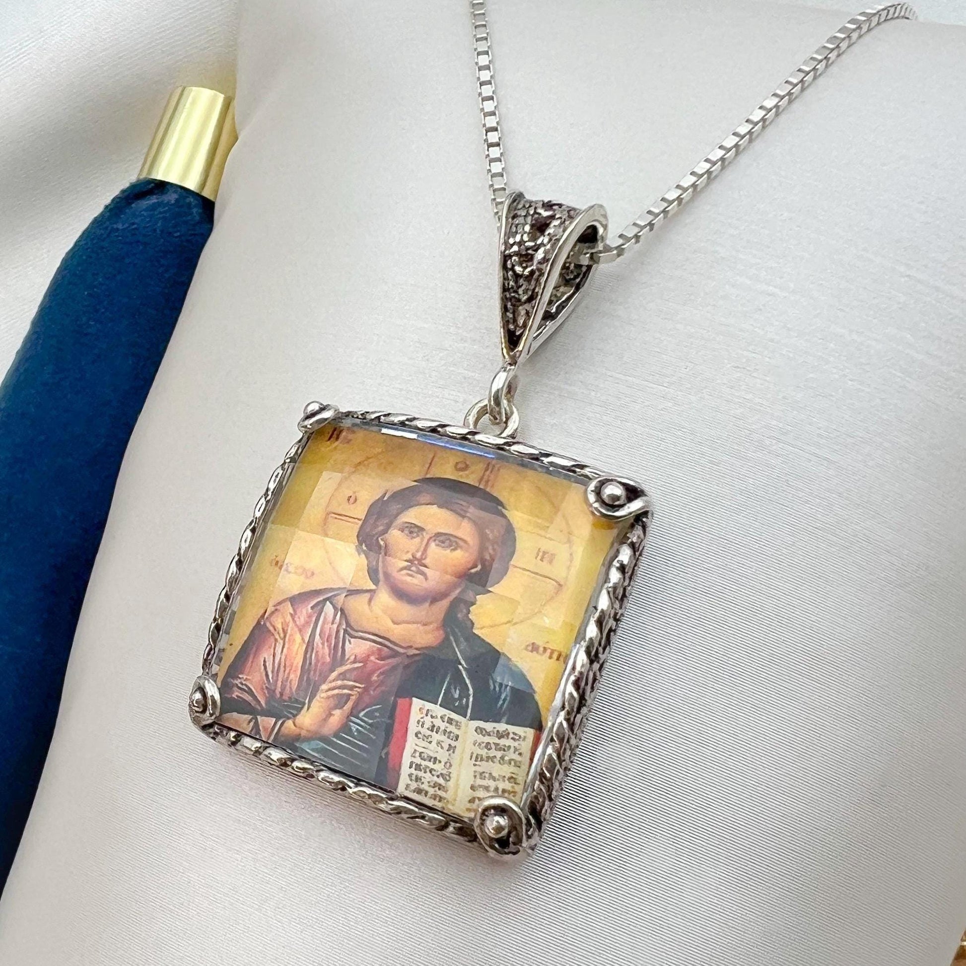 Jesus Holding the Bible Pendant in Silver with Chain