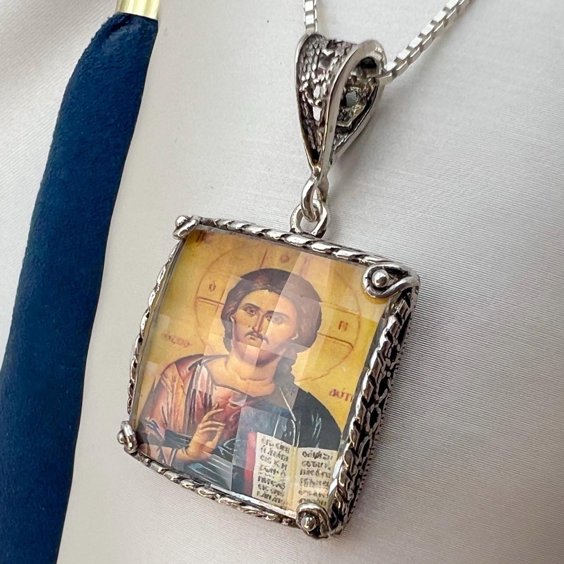 Jesus Holding the Bible Pendant in Silver with Chain