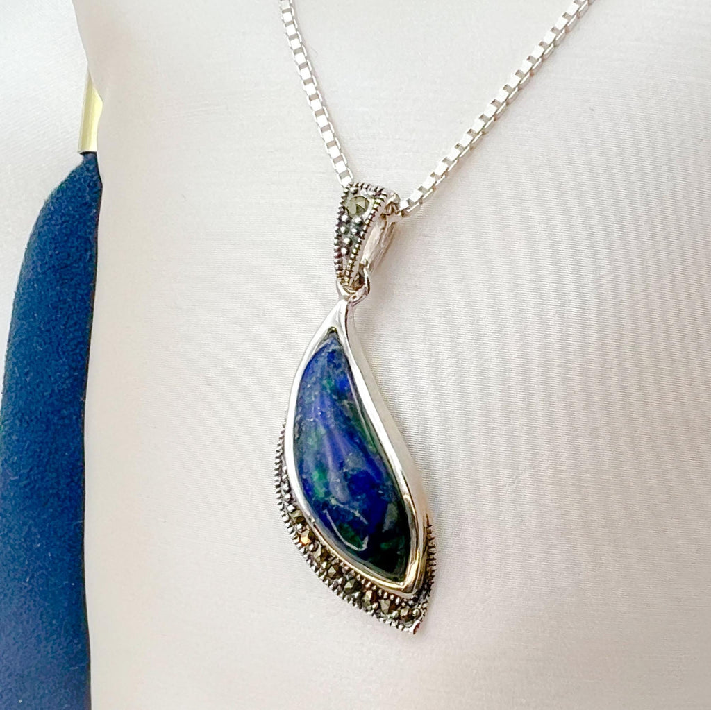 King Solomon Eilat Stone Leaf Pendant with Marcasite in Silver 925