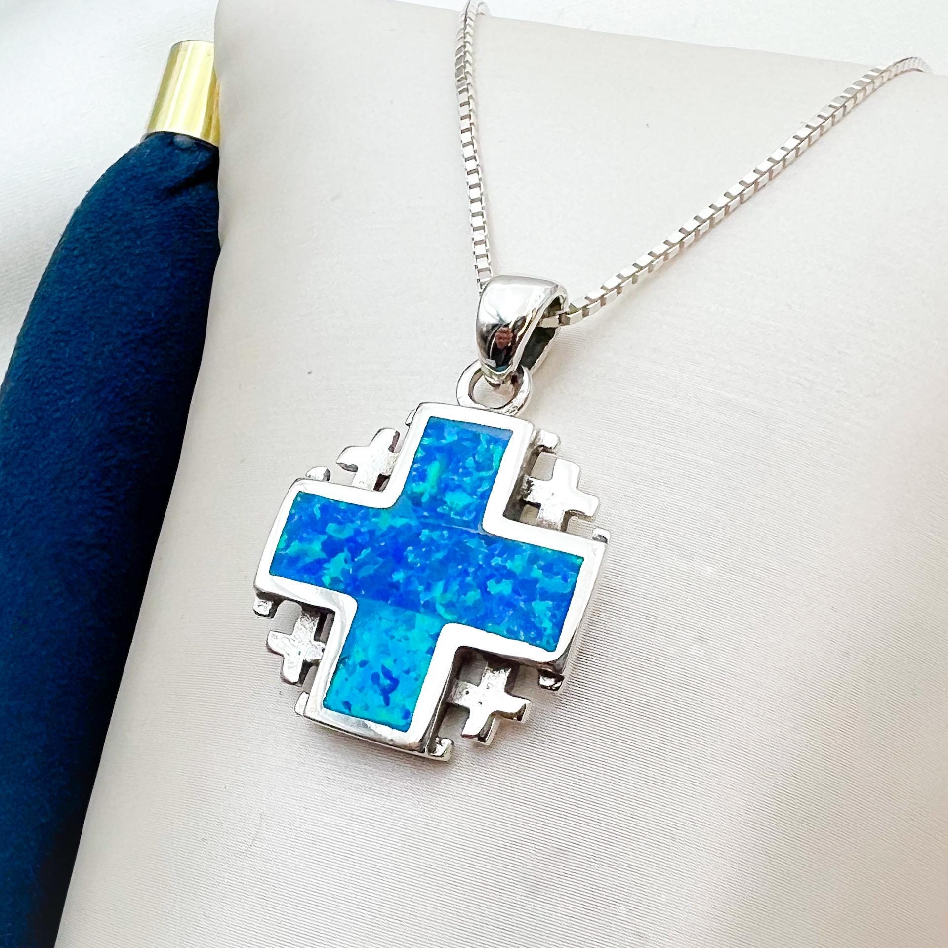 Elegant Jerusalem Cross Pendant in Sterling Silver with Blue Opal