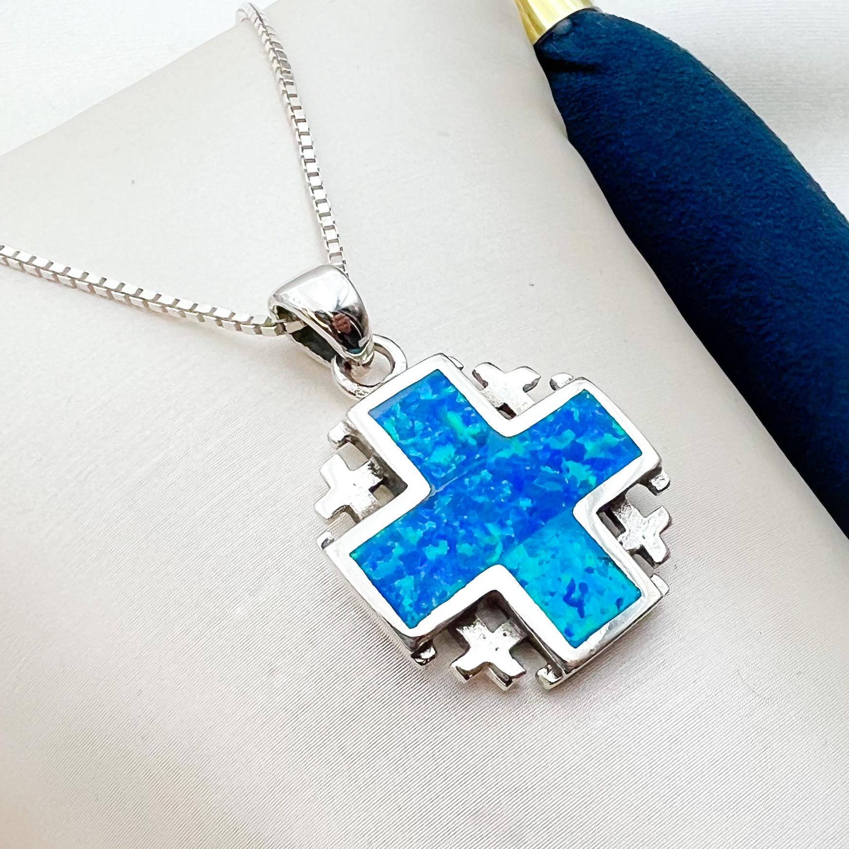 Elegant Jerusalem Cross Pendant in Sterling Silver with Blue Opal