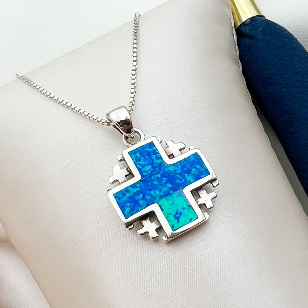 Elegant Jerusalem Cross Pendant in Sterling Silver with Blue Opal