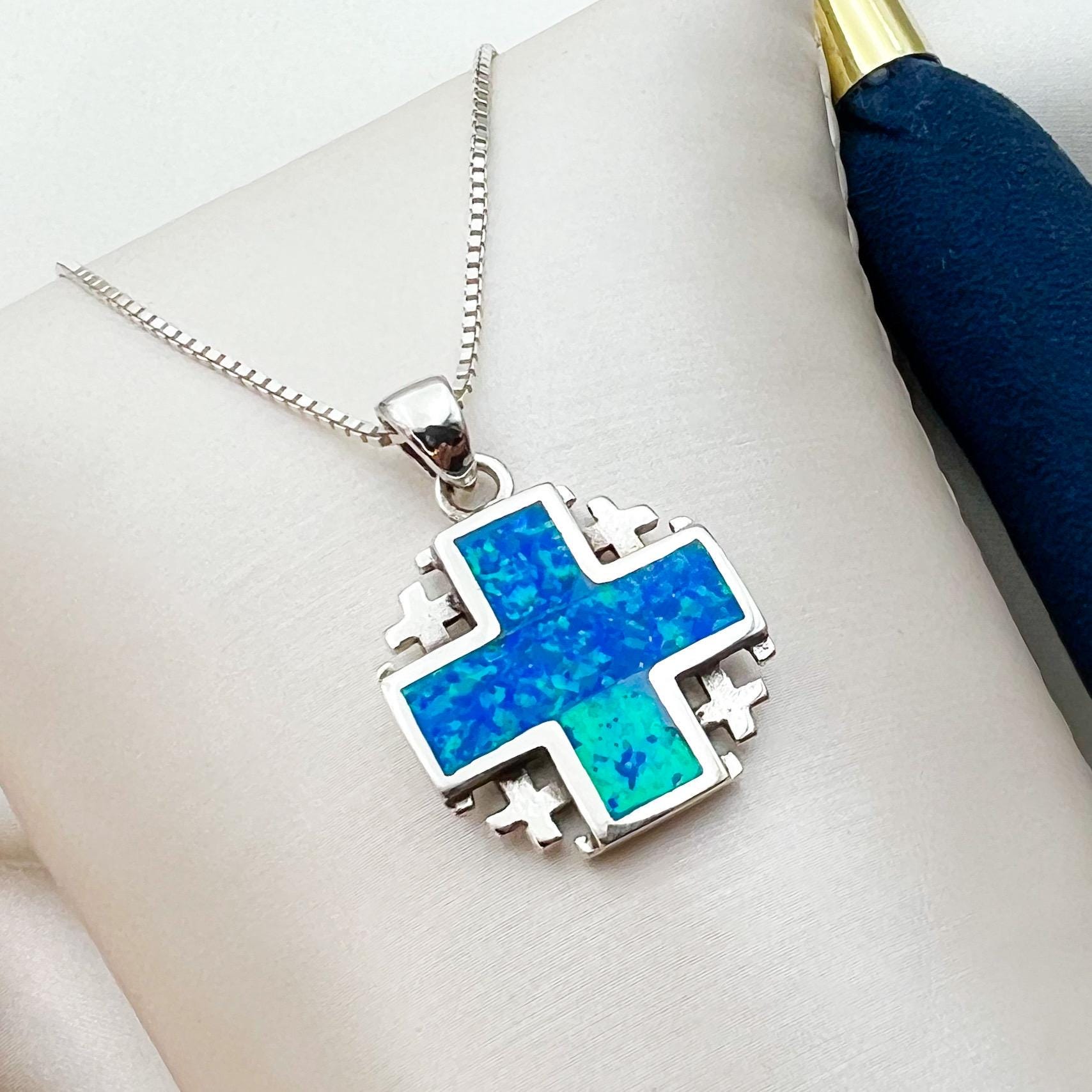 Elegant Jerusalem Cross Pendant in Sterling Silver with Blue Opal