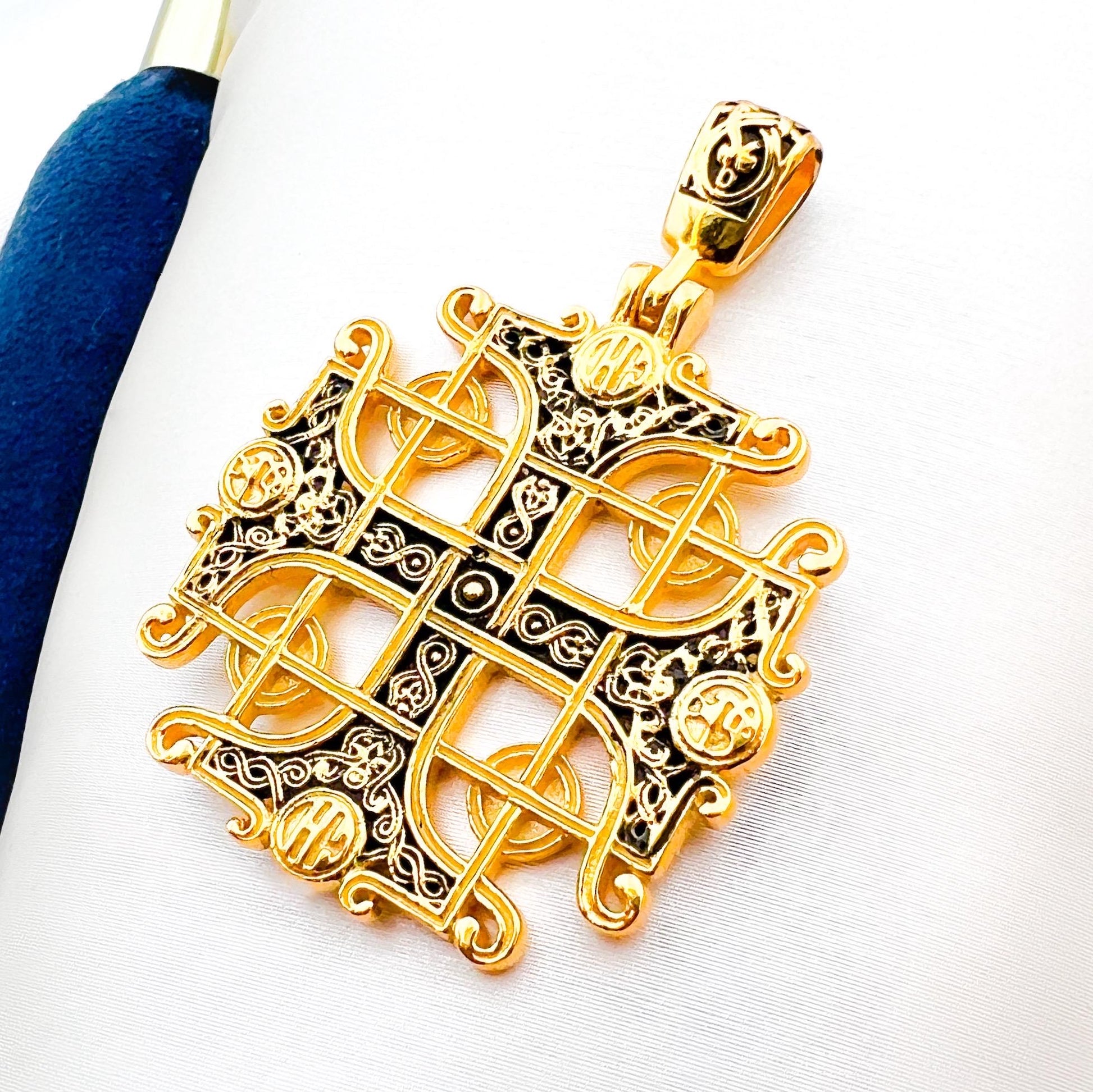 Jerusalem Cross Pendant in Sterling Silver and Gold with Black Enamel