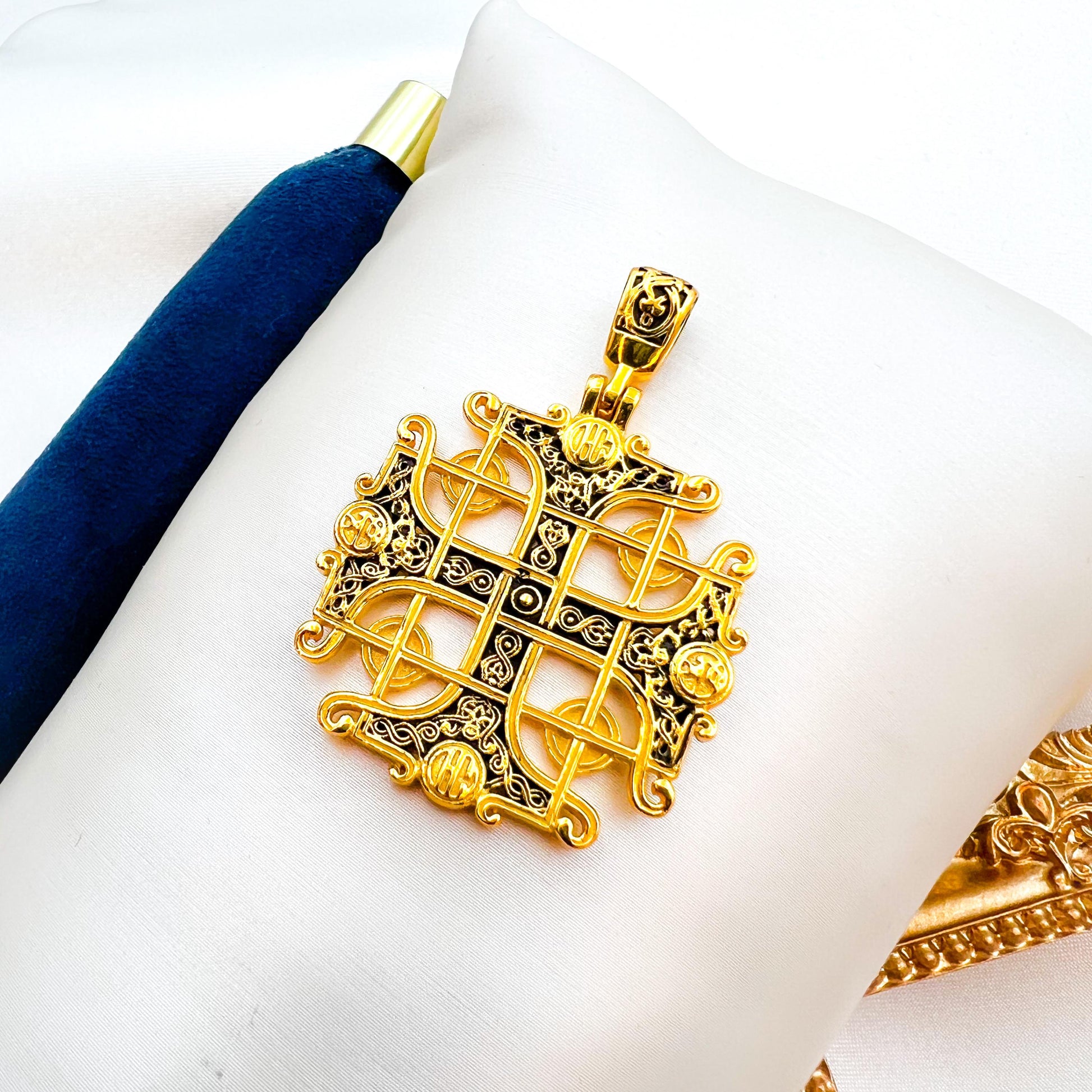 Jerusalem Cross Pendant in Sterling Silver and Gold with Black Enamel