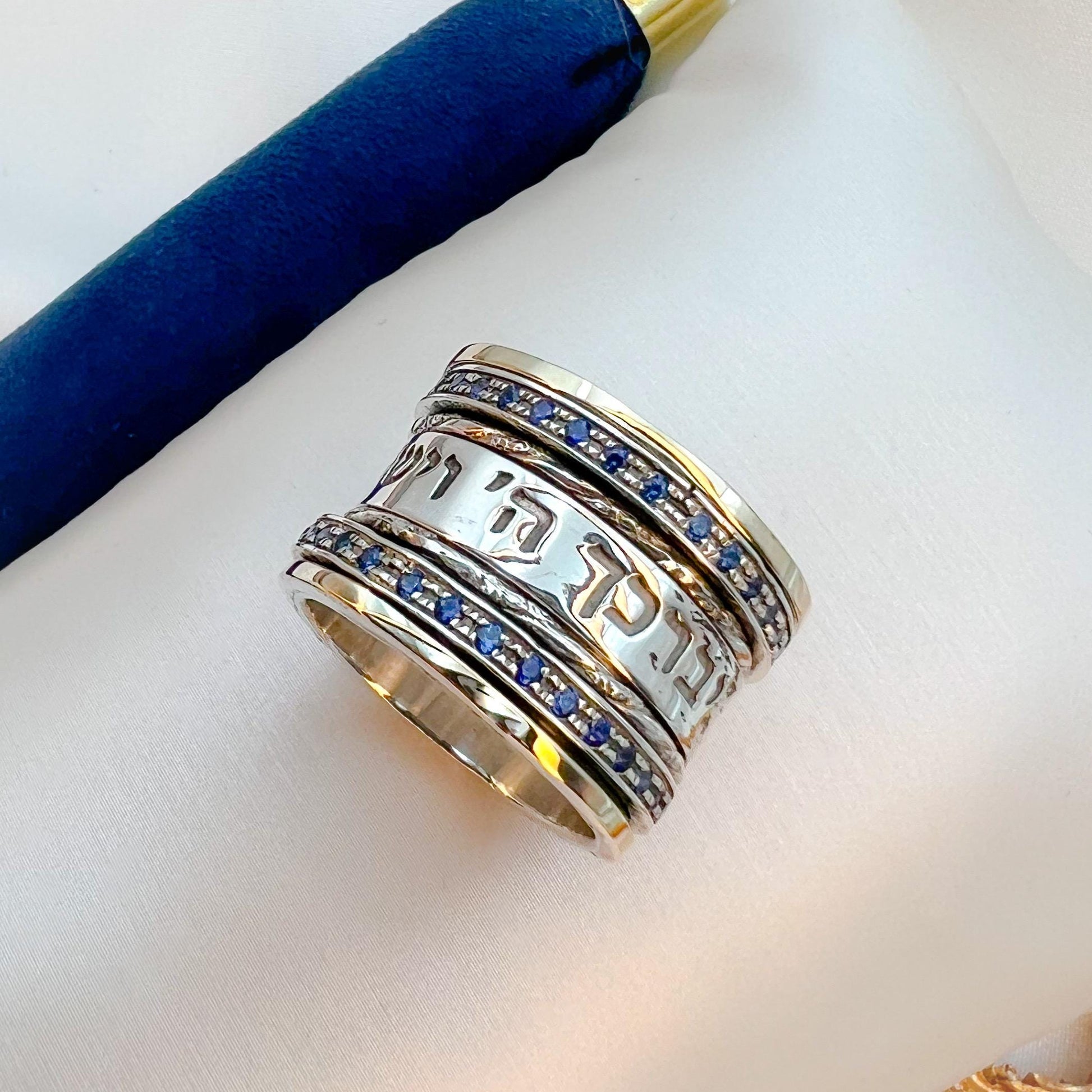 May the Lord Bless You Ring with Blue Sapphire and Gold
