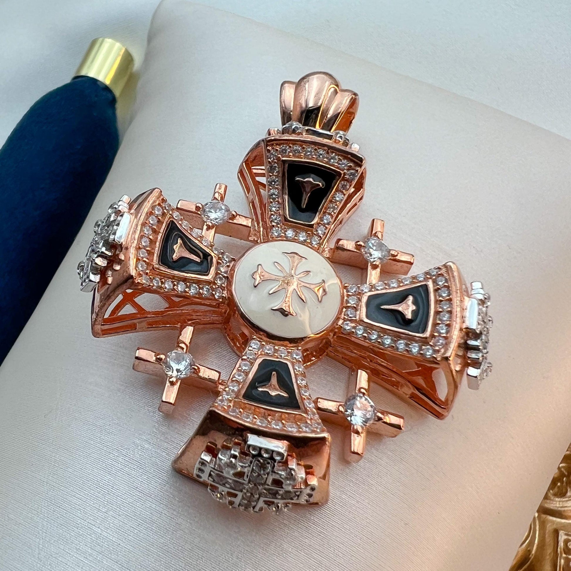 Jerusalem Cross Pendant | Radiant 18K Rose Gold and Sterling Silver with Zircons