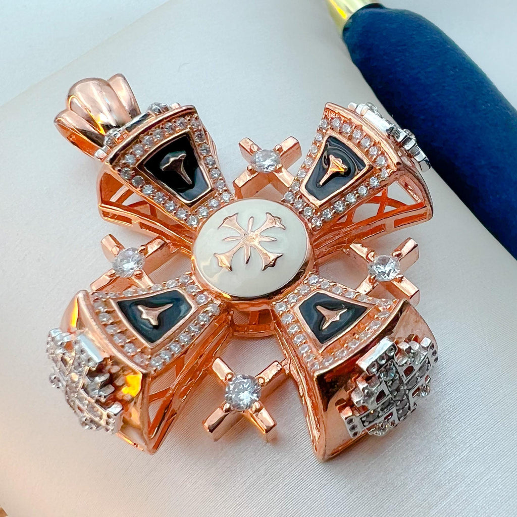 Jerusalem Cross Pendant | Radiant 18K Rose Gold and Sterling Silver with Zircons
