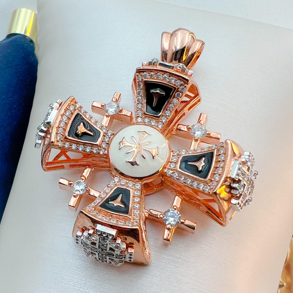 Jerusalem Cross Pendant | Radiant 18K Rose Gold and Sterling Silver with Zircons