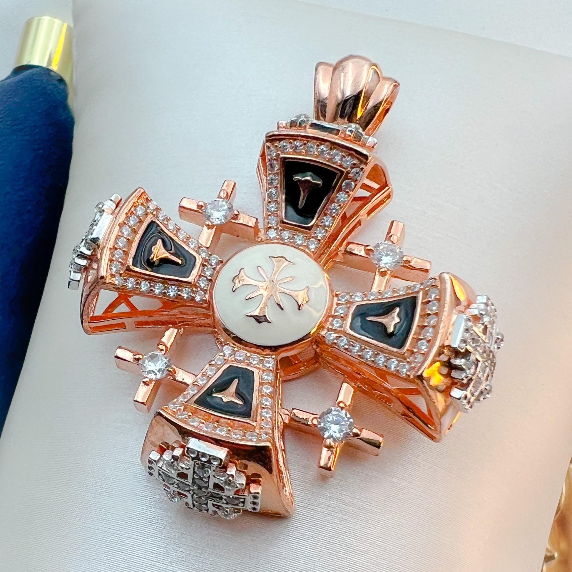 Jerusalem Cross Pendant | Radiant 18K Rose Gold and Sterling Silver with Zircons