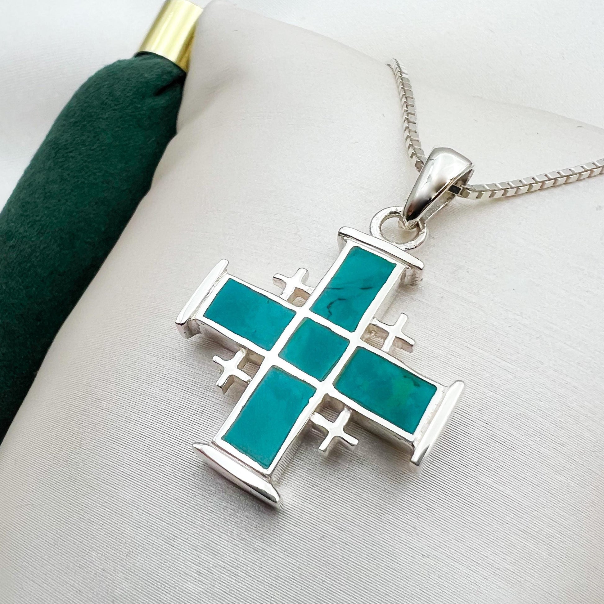 King Solomon Eilat Stone Jerusalem Cross Pendant with Matching Chain