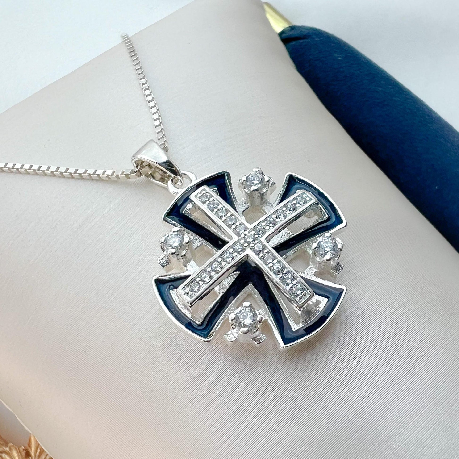Timeless Jerusalem Cross Pendant in Silver 925 with Zirconia and Blue Enamel