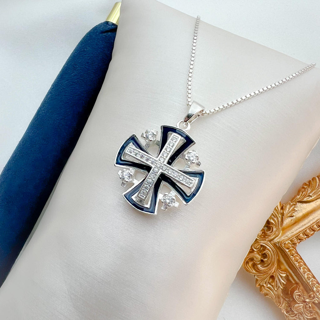 Timeless Jerusalem Cross Pendant in Silver 925 with Zirconia and Blue Enamel