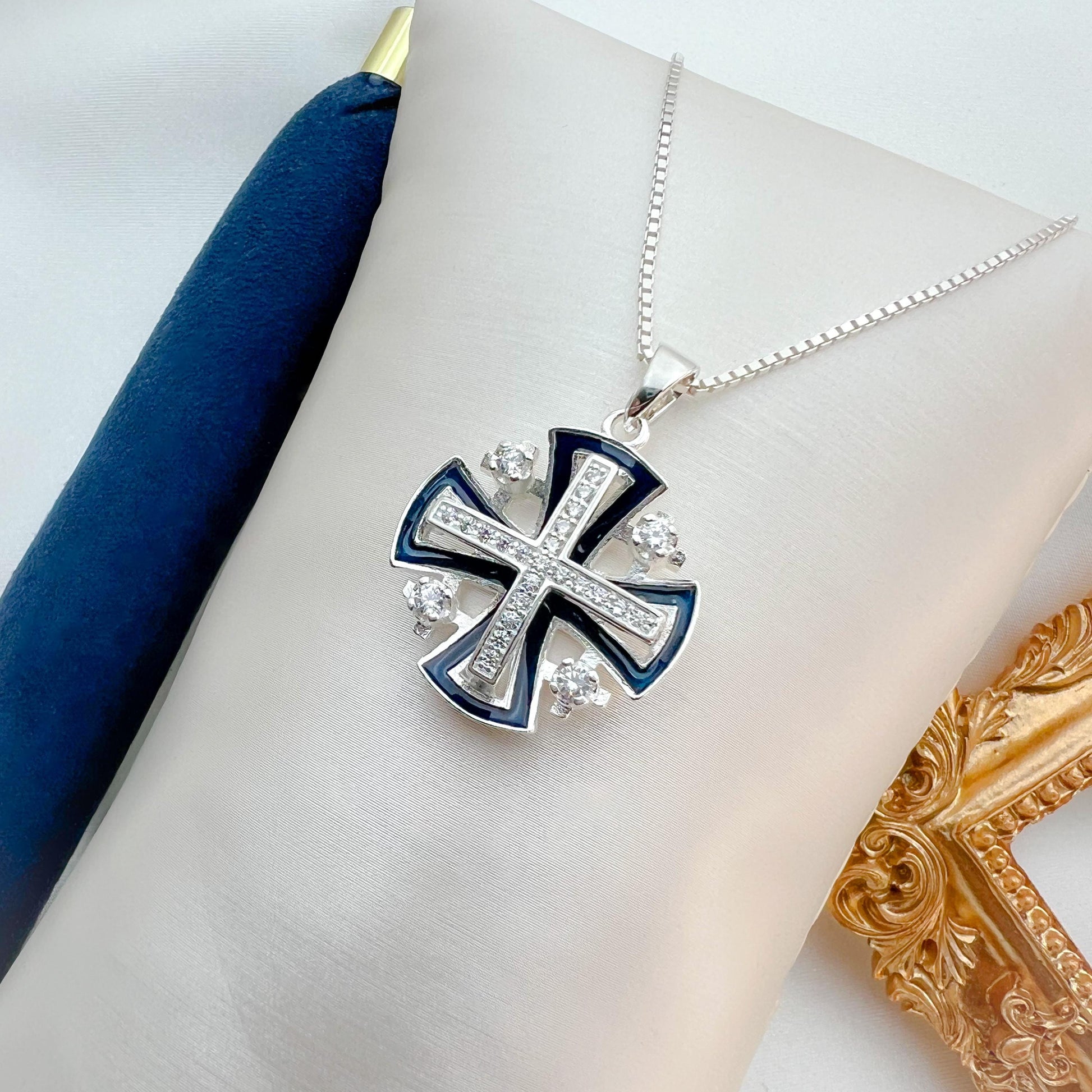 Timeless Jerusalem Cross Pendant in Silver 925 with Zirconia and Blue Enamel