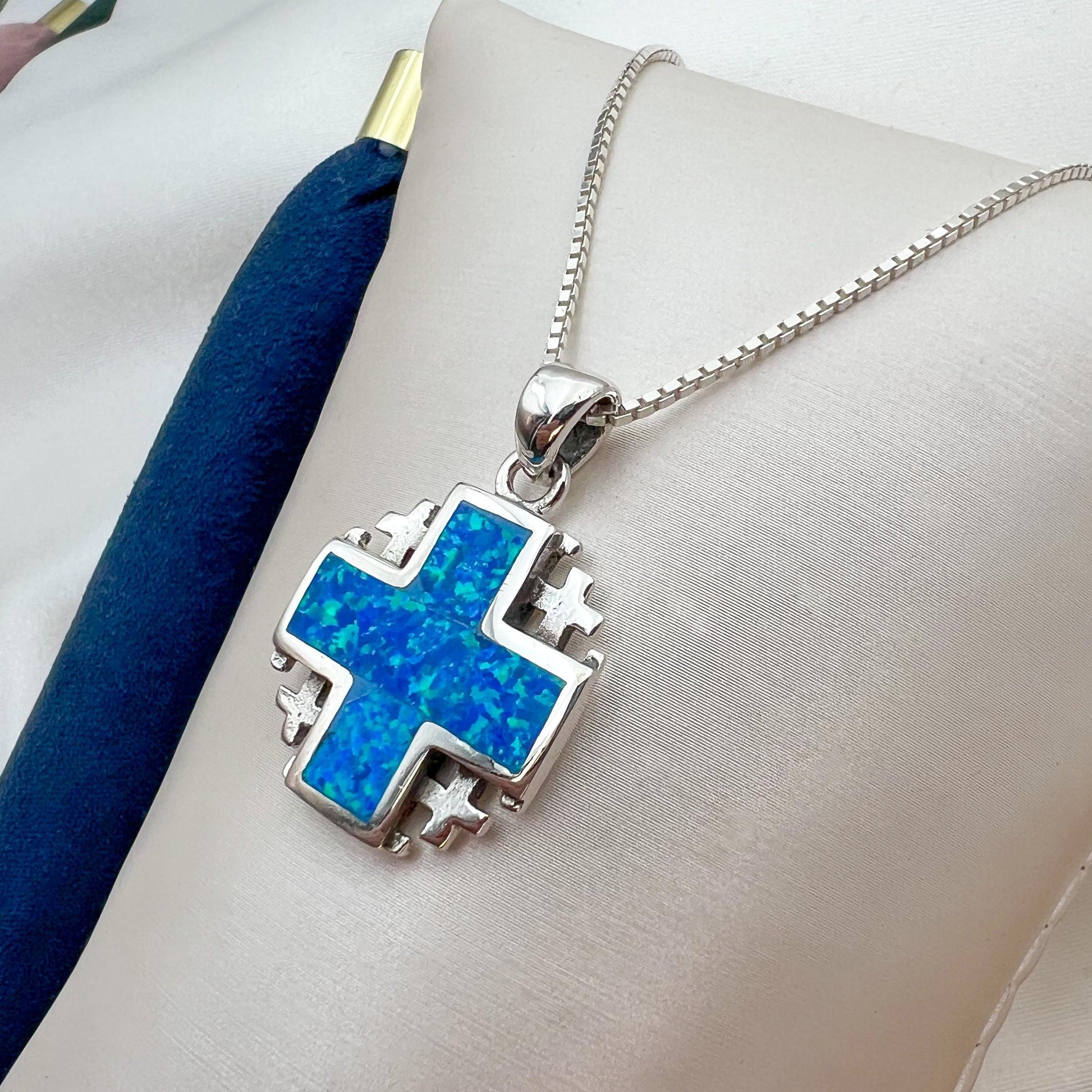 Elegant Jerusalem Cross Pendant in Sterling Silver with Blue Opal