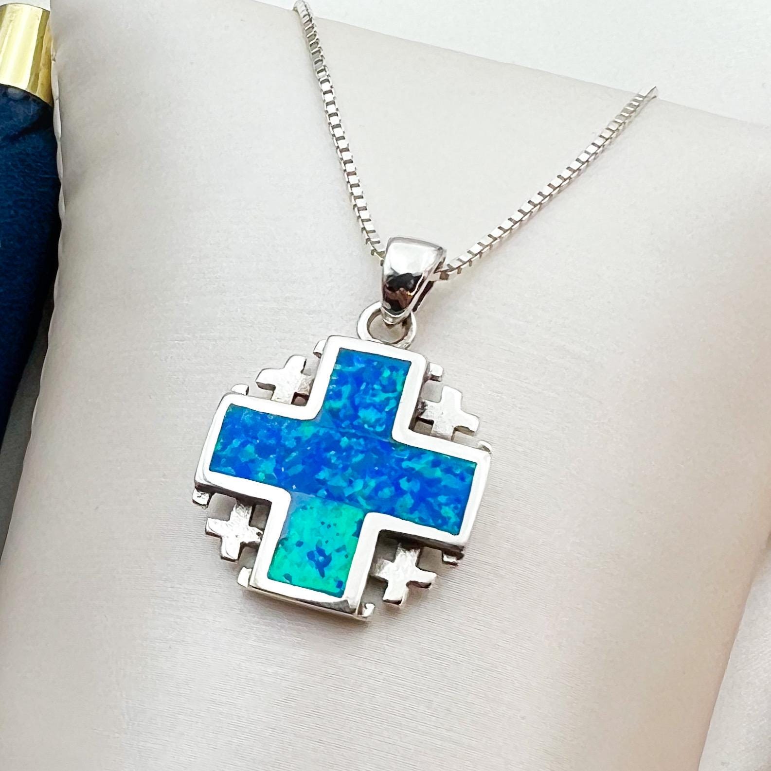 Elegant Jerusalem Cross Pendant in Sterling Silver with Blue Opal